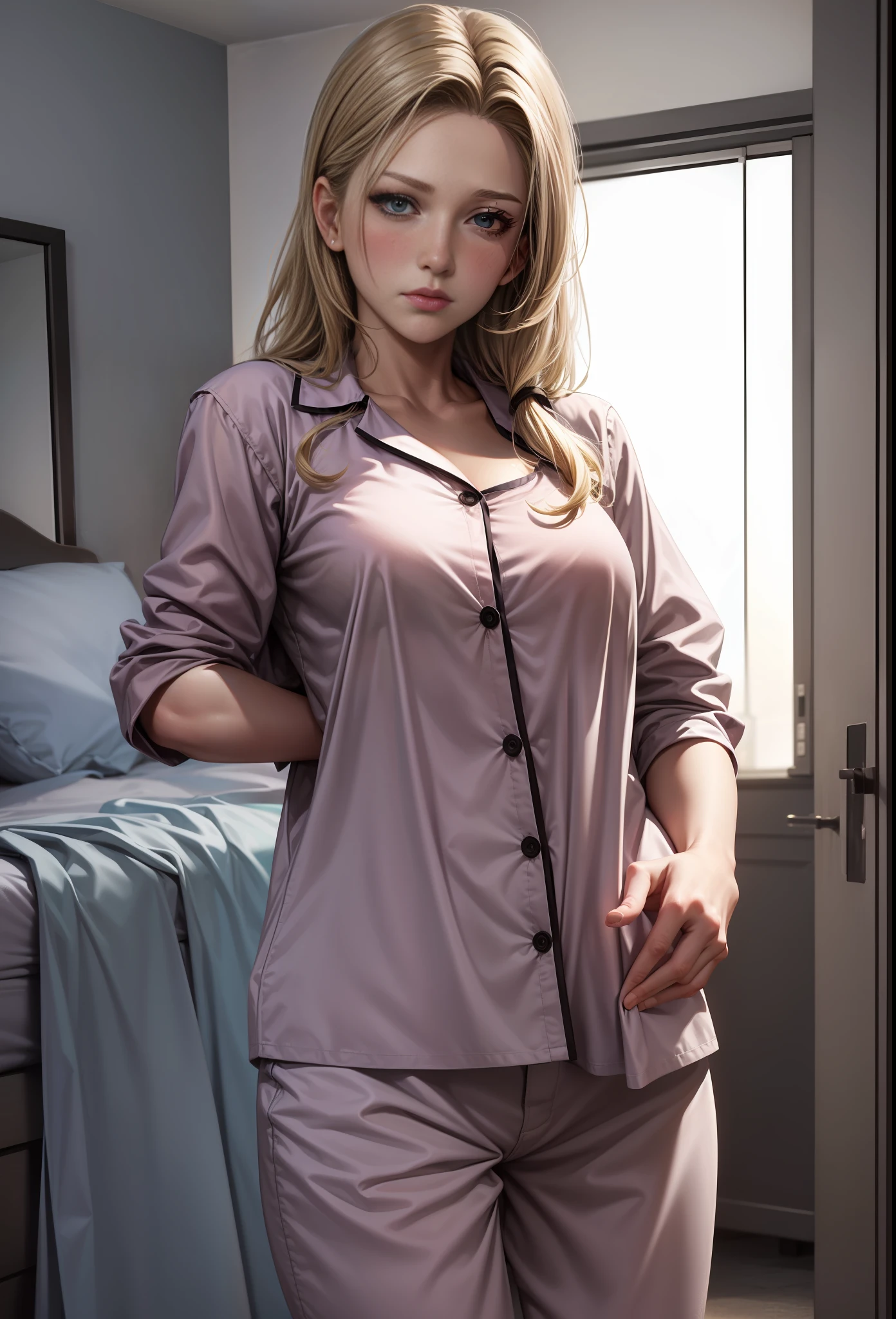 1girl, Skyler White, gijinka, pajamas, dynamic pose, cute comfy outfit, (masterpiece:1.2), (best quality:1.3), (blush), (aesthetic face).