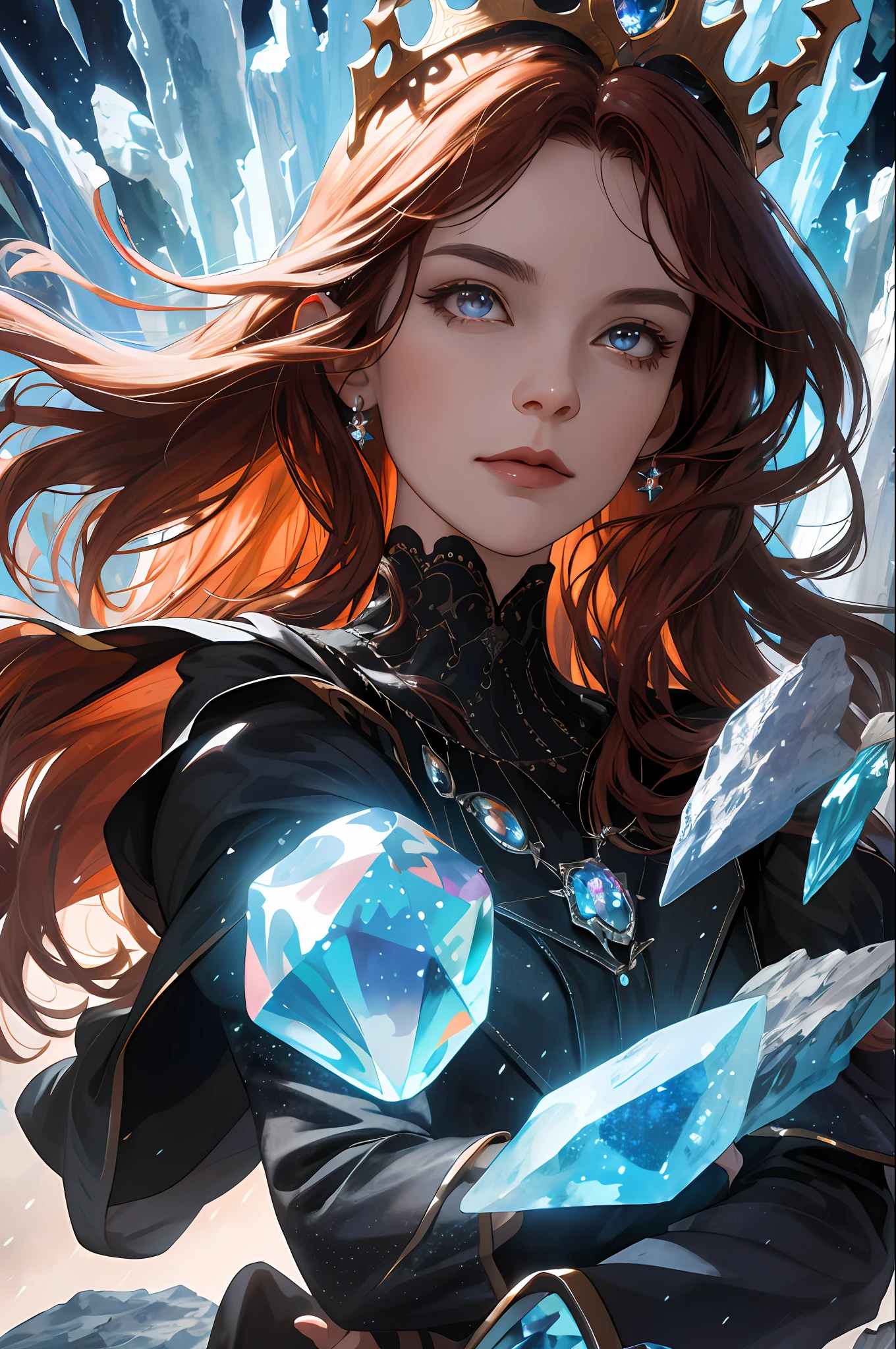 (absurdres, highres, ultra detailed), 1woman, mature female, aged up, wavy long hair, auburn hair, coral eyes, bangs, long sleeves, finely detailed eyes and detailed face, extremely detailed CG unity 8k wallpaper, intricate details, (style-swirlmagic:1.0), looking at viewer, solo, upper body, detailed background, close up, detailed face, (gothic dark ages theme:1.1), crystal sorcerer, dynamic pose, earth themed clothes, crystal crown, floating in the air, glowing magical shards, surrounded by blue magical crystals, rock formations, stalactites, magical floating particles, crystal glass, crystal sphere, crystal canyon background, (shallow water:0.7), epic ethereal atmosphere, updraft,, portrait