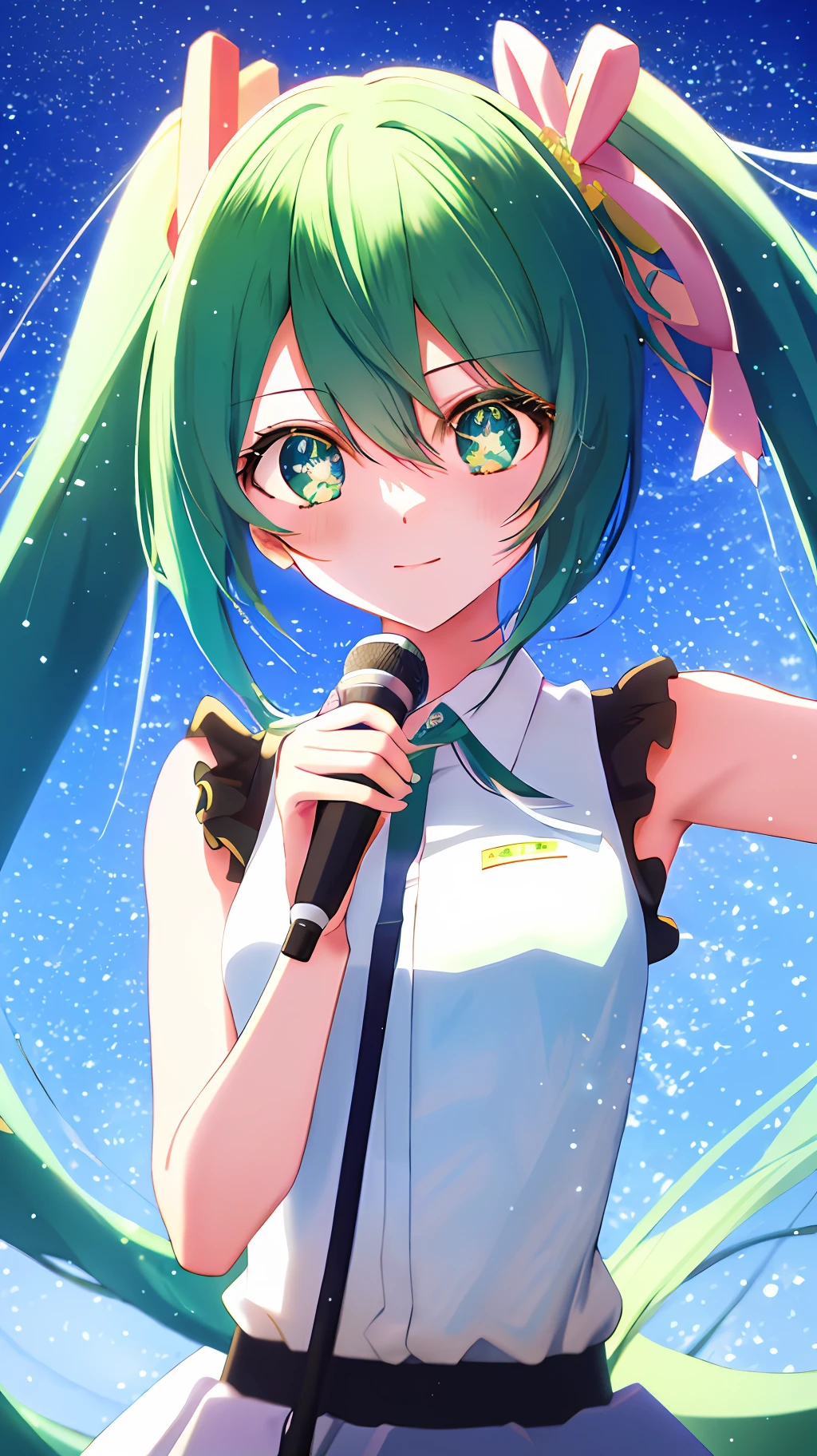 Long green hair anime girl with microphone, portrait of Hatsune Miku, anime style mixed with Fujifilm, Mikudayo, anime style 4K, cute 3d anime girl render, portrait of Hatsune Miku, realistic anime 3D style, anime style 3D, perfect android girl, young anime girl, Photorealistic anime girl rendering
