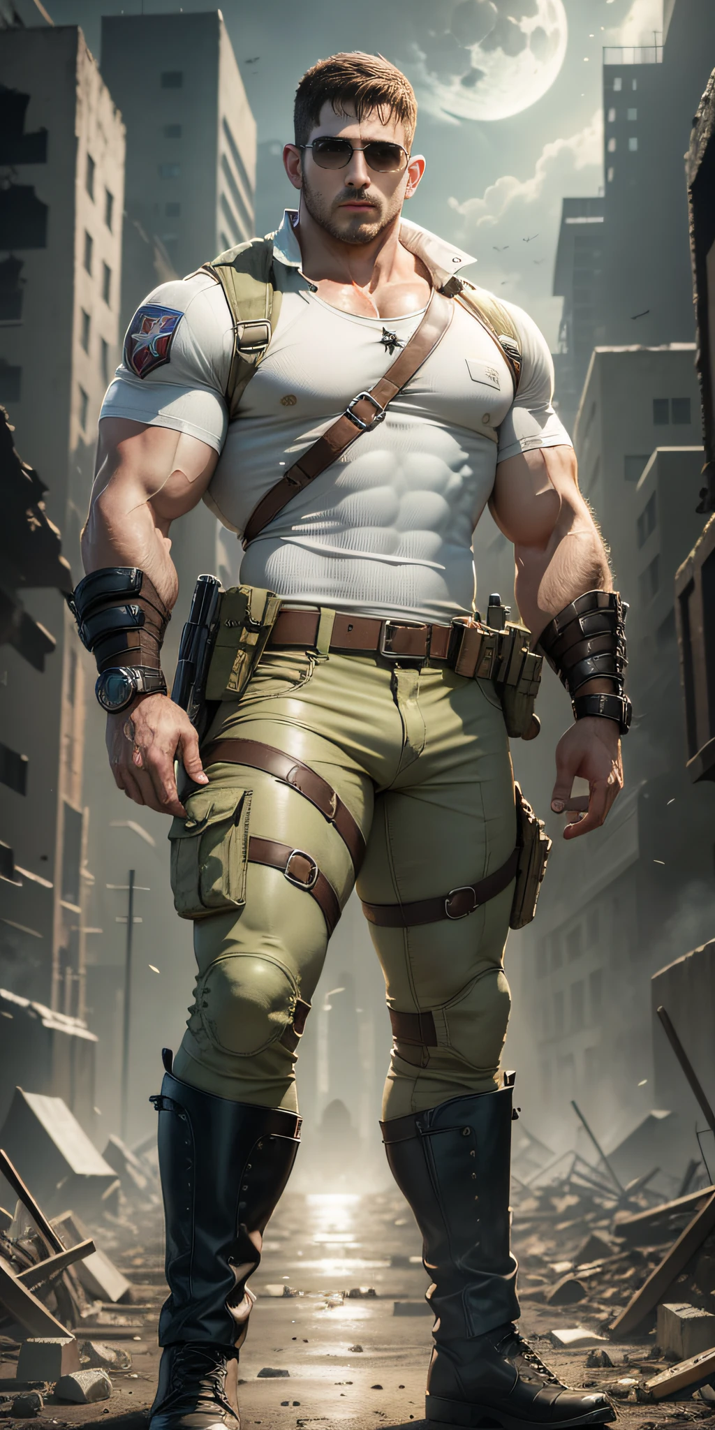 Movie poster, character design (Resident Evil - Chris Redfield, Chris Redfield) wearing a milky white combat uniform, standing alone in the ruins of the apocalypse, with a sad expression, muscular male hero, heroic male pose, tall and burly, muscular! Wearing sunglasses, sexy and charming body, tall and burly, creamy white combat suit, super buff and cool, high resolution committee, white combat boots, attractive strong male, bright moonlight on the body, lonely