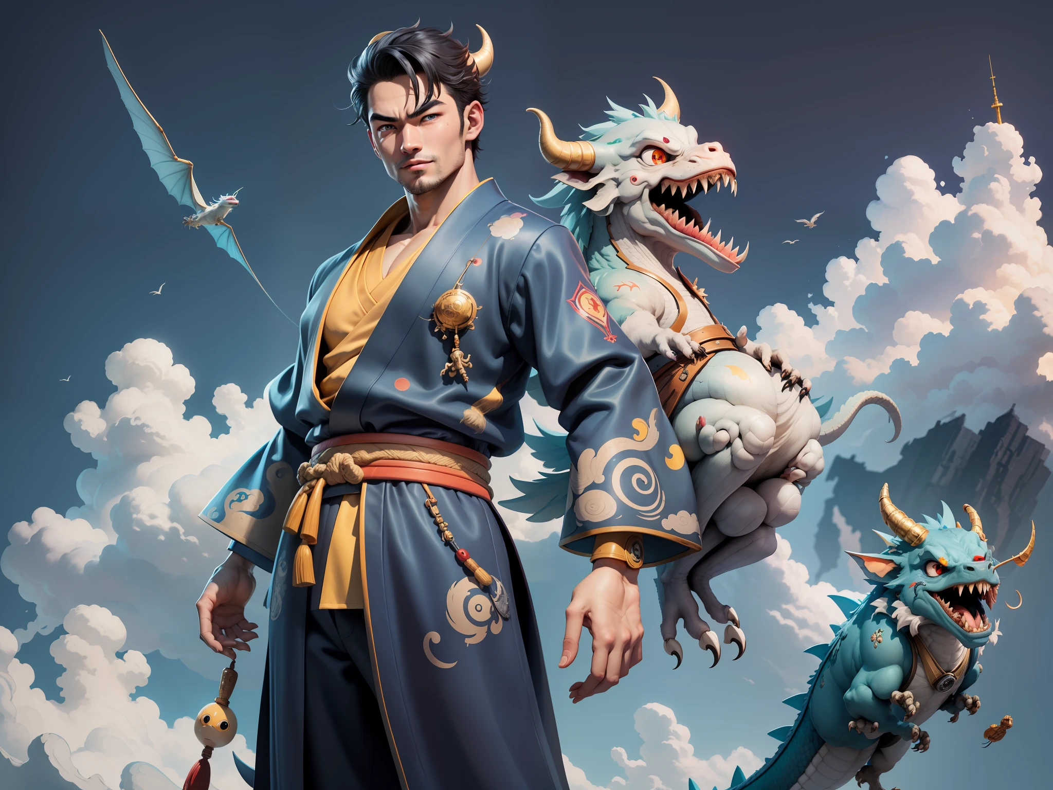 (Masterpiece), (Excellent), (Super Meticulous), (Full Body: 1.2), Super Young Man, Oriental Face, Japanese Kimono, Japanese Wind and Thunder, Japanese Ascension Dragon, , TV Anchor, Bust Portrait Illustration, Alone, Black Suit, Blue Tie, Slightly Chubby Face, Very Clean Face, No Beard, Black Super Short Hair, Black Eyes, Confident Smile, 3c Computer Sub-Products, iPad, iPhone, Digital Painting, 3D Character Design by Akira Toriyama and Mark Claireden and Pixar and Hayao Miyazaki, The illustration is a high-definition illustration in 4K resolution with very detailed facial features and cartoon-style visuals. chinese dragon, cloud, sky, dragon, tongue, outdoor, sky, building, cloudy sky, city, blue eyes, open mouth, teeth, horn, glow,