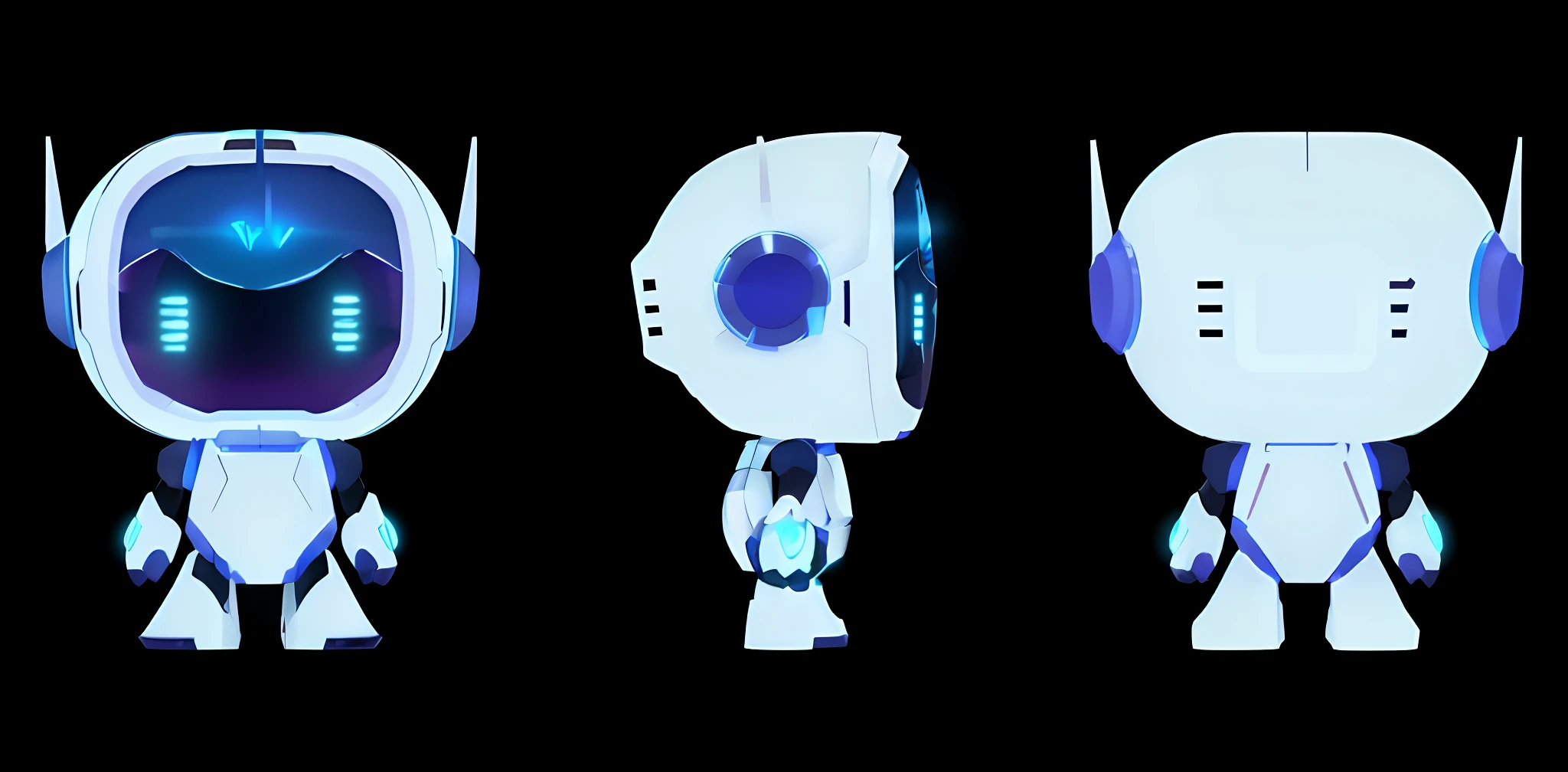 Three different views of robots with glowing faces and blue and white bodies, beautiful robot character design, Baymax style, anthropomorphic robot [things], concept robot, Overwatch echo, cute cyber god, Sito character design robot, cute humanoid robot, humanoid character, cute robot, mecha robot details