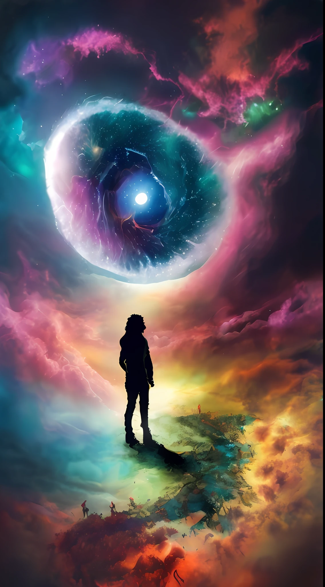 Incredible and spectacular scene, a "((high quality)), (detailed)), ((fantasy)), illustration, perspective (45 degree tilt angle), theme (enchanted forest style), scene elements (handsome boy, beautiful girl), picture quality (3D rendering effect), exquisite details, beautiful lights "emerge from glowing clouds, fractal nebula lines, cosmic entities, celestial bodies, universes, vibrant and vivid, swirling, rotating, impractical, high contrast, co-metabolic, magical, mysterious, mysterious, surreal, Oversaturated, colorful