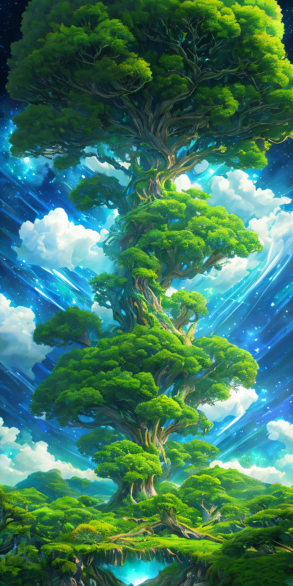 Illustration of a surreal, otherworldly, hyper sky scene including a giant crystal tree full body, highly detailed and magical lighting, intricate forest details, vegetation and surrounding river, solar punk, landscape, giant tree , beautiful green leaves, beautiful lighting and realistic proportions, as if this is a movie background, 8k, highest quality, masterpiece, clouds and stars in the sky.