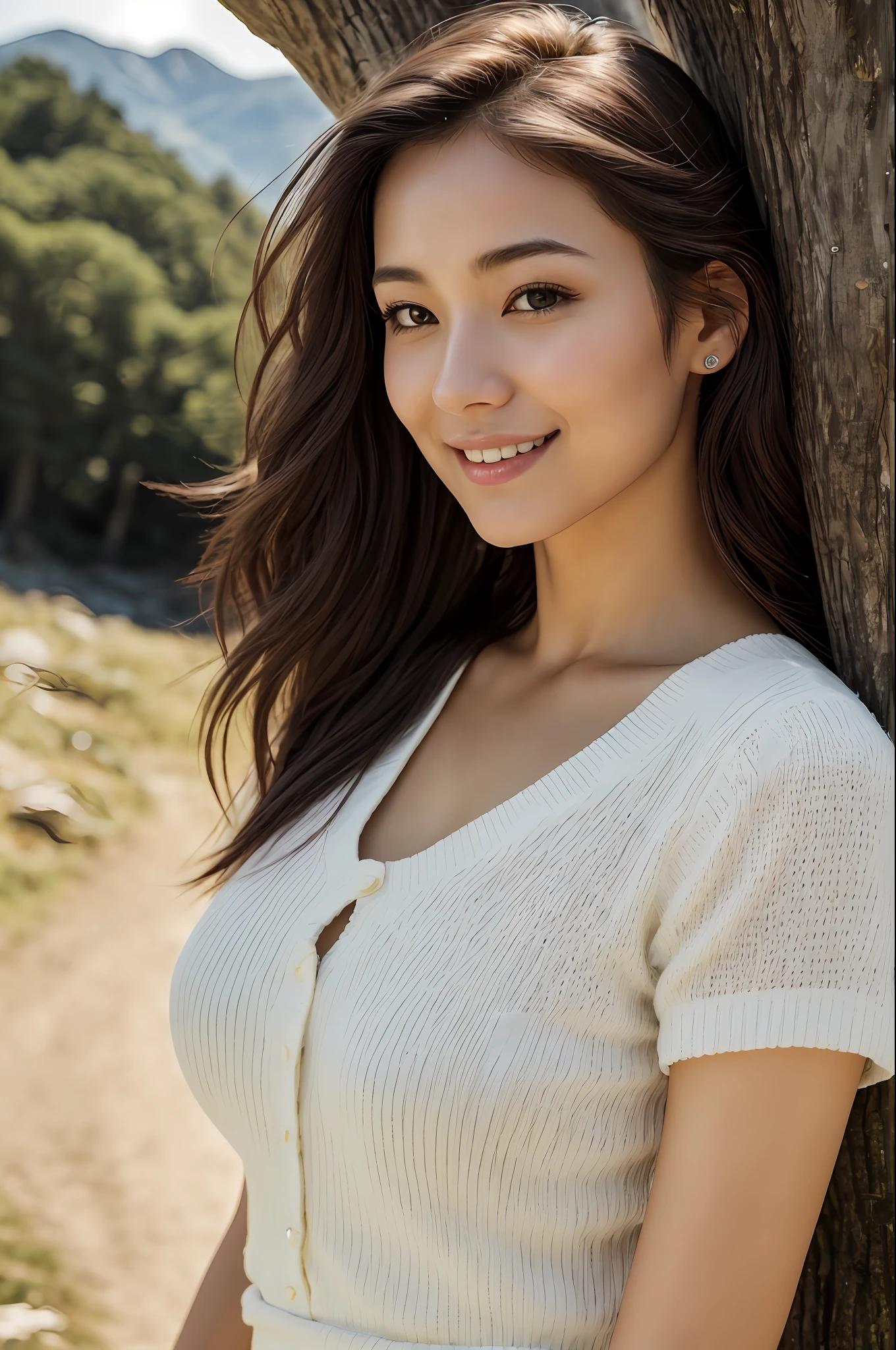 ((top quality, 8k, masterpiece: 1.3)), Japan women (1, 28 years old, cute gravure idol, healing, smile, very detailed face and skin and hair texture, detailed eyes, double eyelids, white skin, beautiful delicate nose, light hair color, medium hair, wearing a summer knit dress with short sleeves, mountain shoes, slightly larger chest), overhead camera, sharp focus: 1.2, It is a composition that is pleasing to the eye and thought-provoking while emphasizing the subject's hair, eyes, mouth and action. ⠀
ground, outdoor (daytime), clear sky, mountain, nature, (sun) cheerful, wind, happiness, backpack, tent, forest, river, wood, smoke, shadow, contrast, style, (refreshing tone)