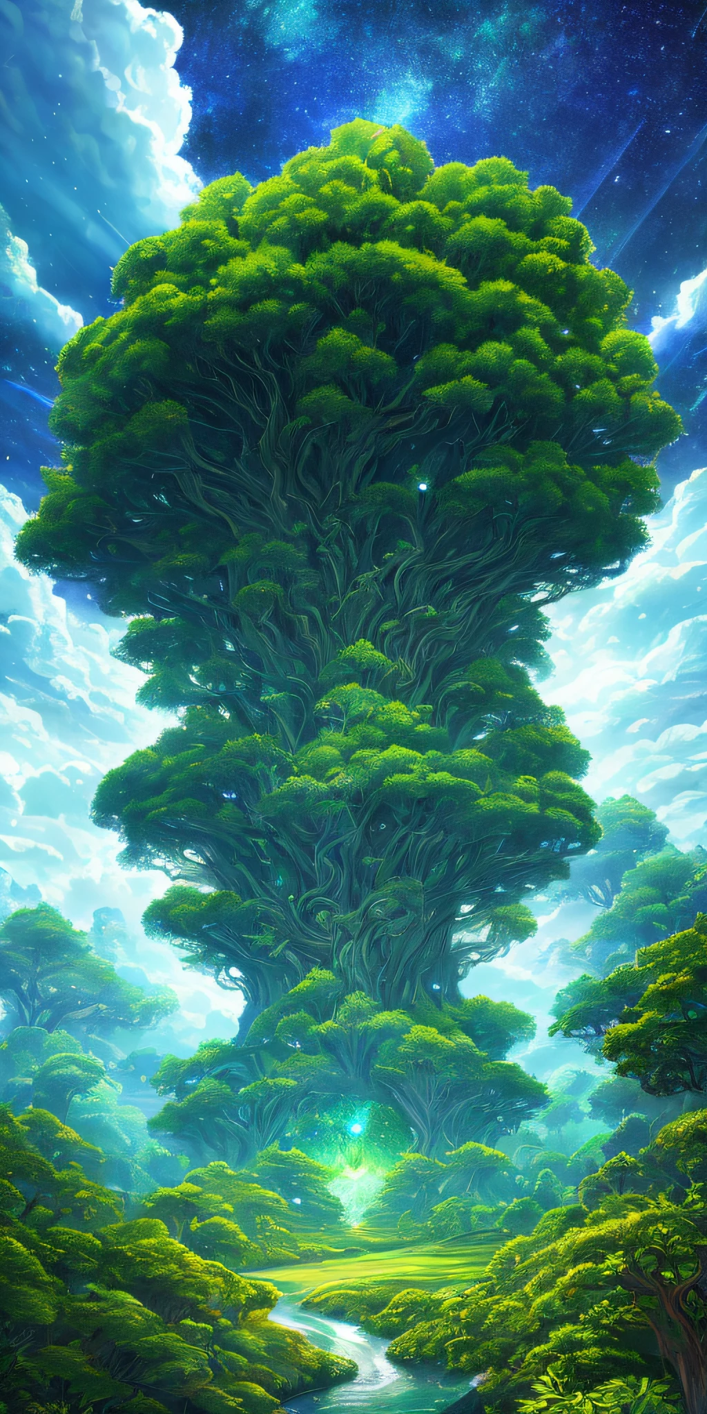 Illustration of a surreal, otherworldly, hyper sky scene including a giant crystal tree full body, highly detailed and magical lighting, intricate forest details, vegetation and surrounding river, solar punk, landscape, giant tree , beautiful green leaves, beautiful lighting and realistic proportions, as if this is a movie background, 8k, highest quality, masterpiece, clouds and stars in the sky.