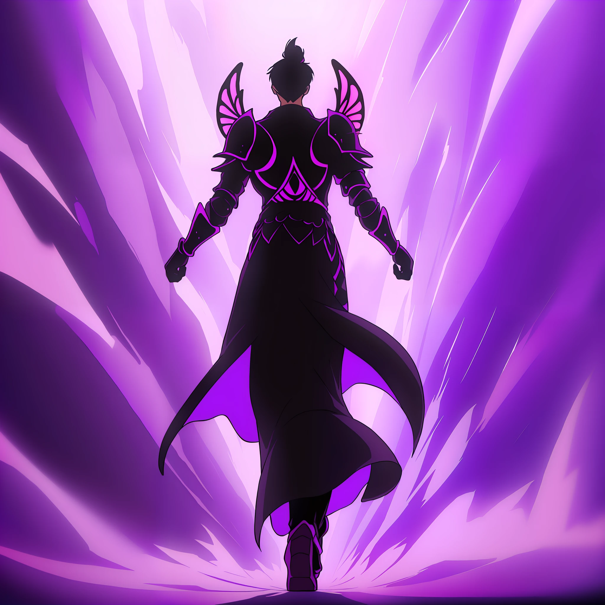 Best quality, artwork, a closeup of a person in purple and black armor, with purple background, black wings, looking at the viewer, walking towards the viewer