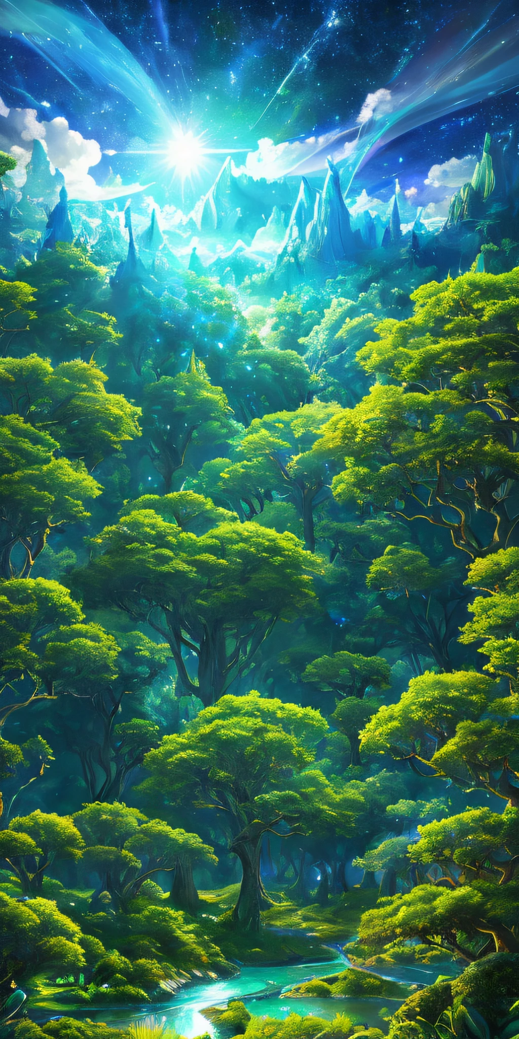 Illustration of a surreal, otherworldly, hyper sky scene including a giant crystal tree full body, highly detailed and magical lighting, intricate forest details, vegetation and surrounding river, solar punk, landscape, giant tree , beautiful green leaves, beautiful lighting and realistic proportions, as if this is a movie background, 8k, highest quality, masterpiece, clouds and stars in the sky.