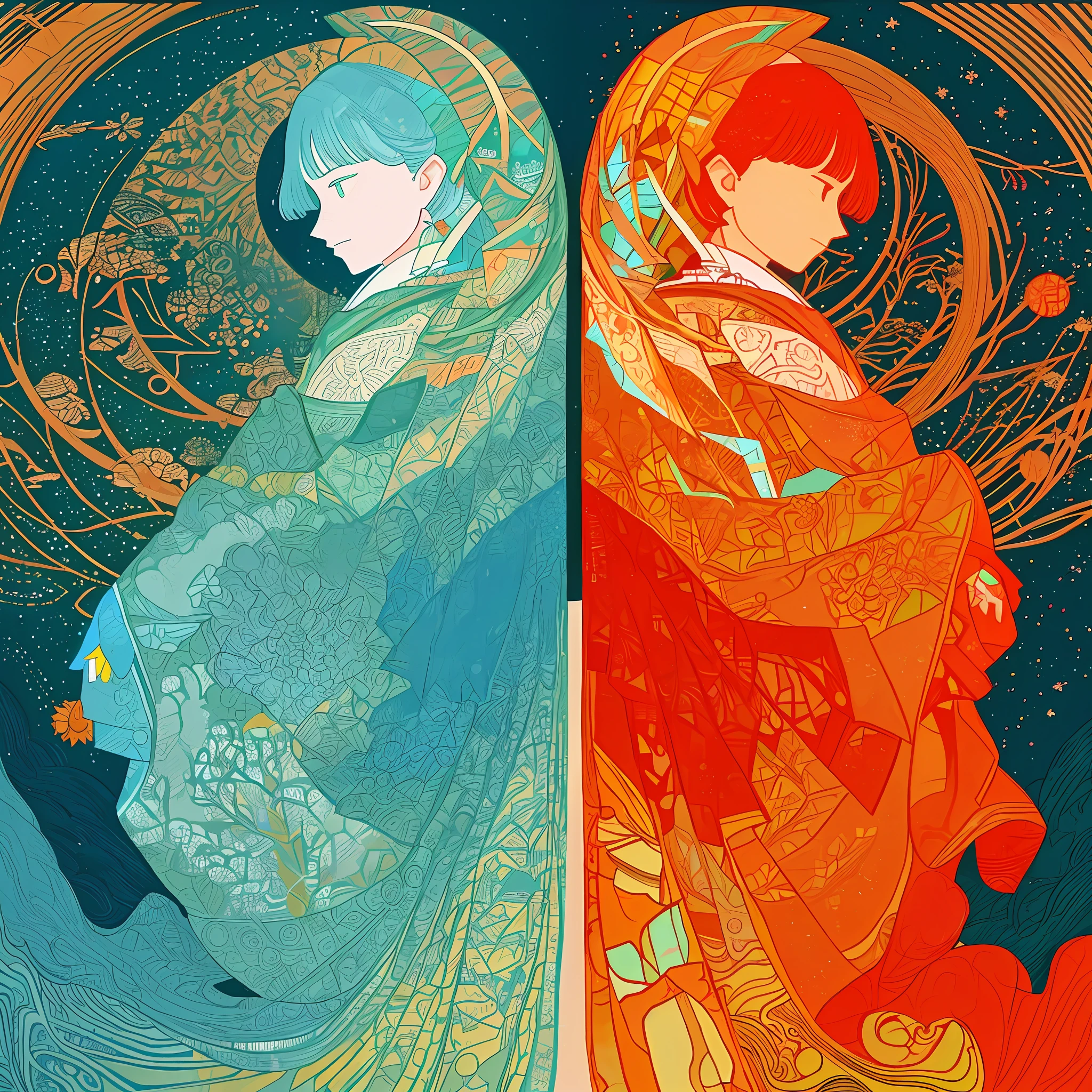 winter solstice day, mystery, artwork in the style of victo ngai, bright colors, ultradetailed, japanese patchwork