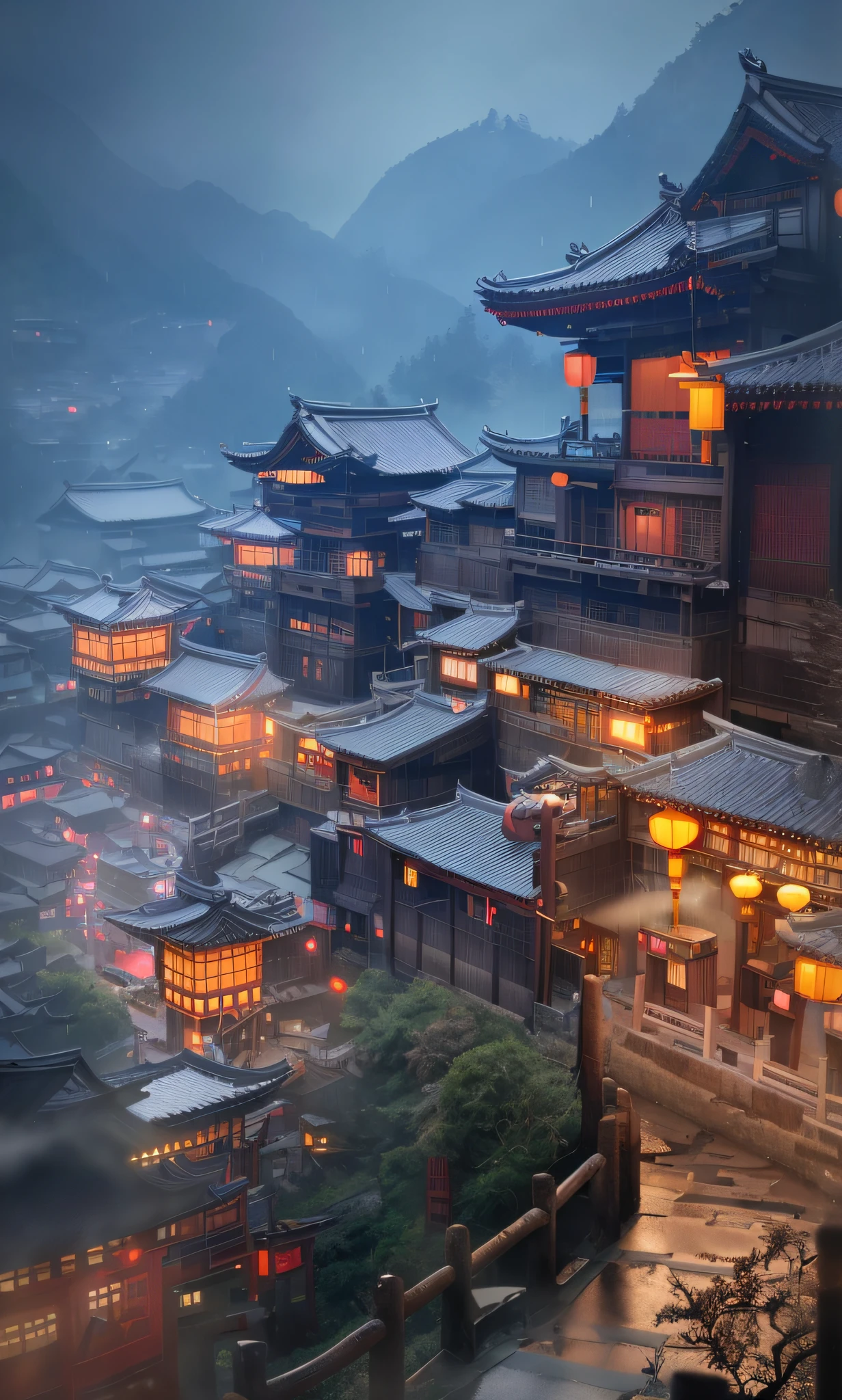 arafed view of a village with a lot of lights on the buildings, dreamy chinese town, chinese village, amazing wallpaper, japanese town, japanese village, hyper realistic photo of a town, old asian village, japanese city, by Raymond Han, rainy evening, cyberpunk chinese ancient castle, beautifully lit buildings, at evening during rain, beautiful and aesthetic, photography, cinematic, 8k, high detailed ((Heavy rain)))