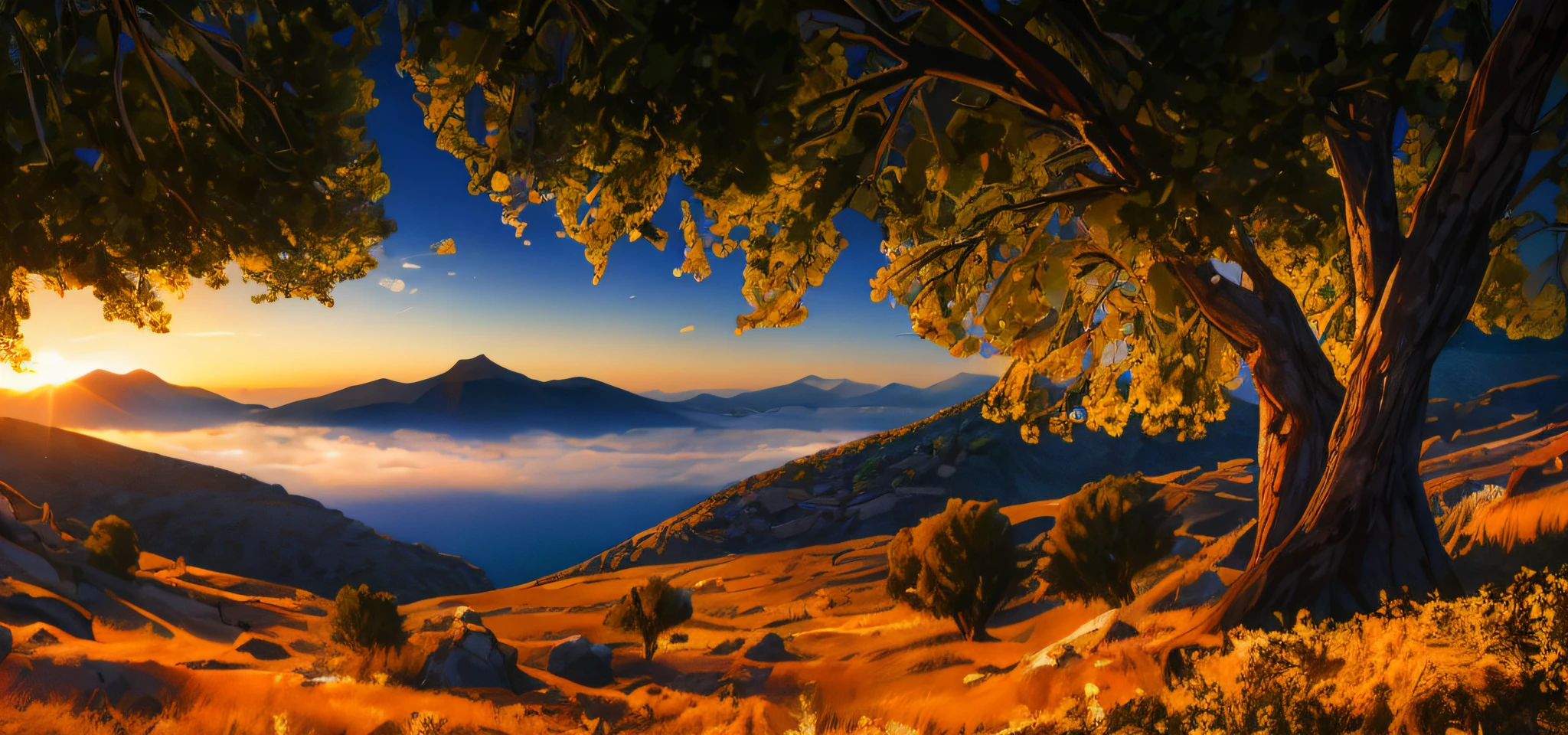 an image of mountain Aipos from Chios Island in greece also in the image we see an image of mavra volia from chios too, cinematic, 8K, ultra realistic,Concept design of a scene，a huge lake, with the eastern side covered by the canopy of a giant tree, shrouded in sparse mist， Along the shore are white fluorescent bluebells,--ar 16:9 --v 5 - Image #1