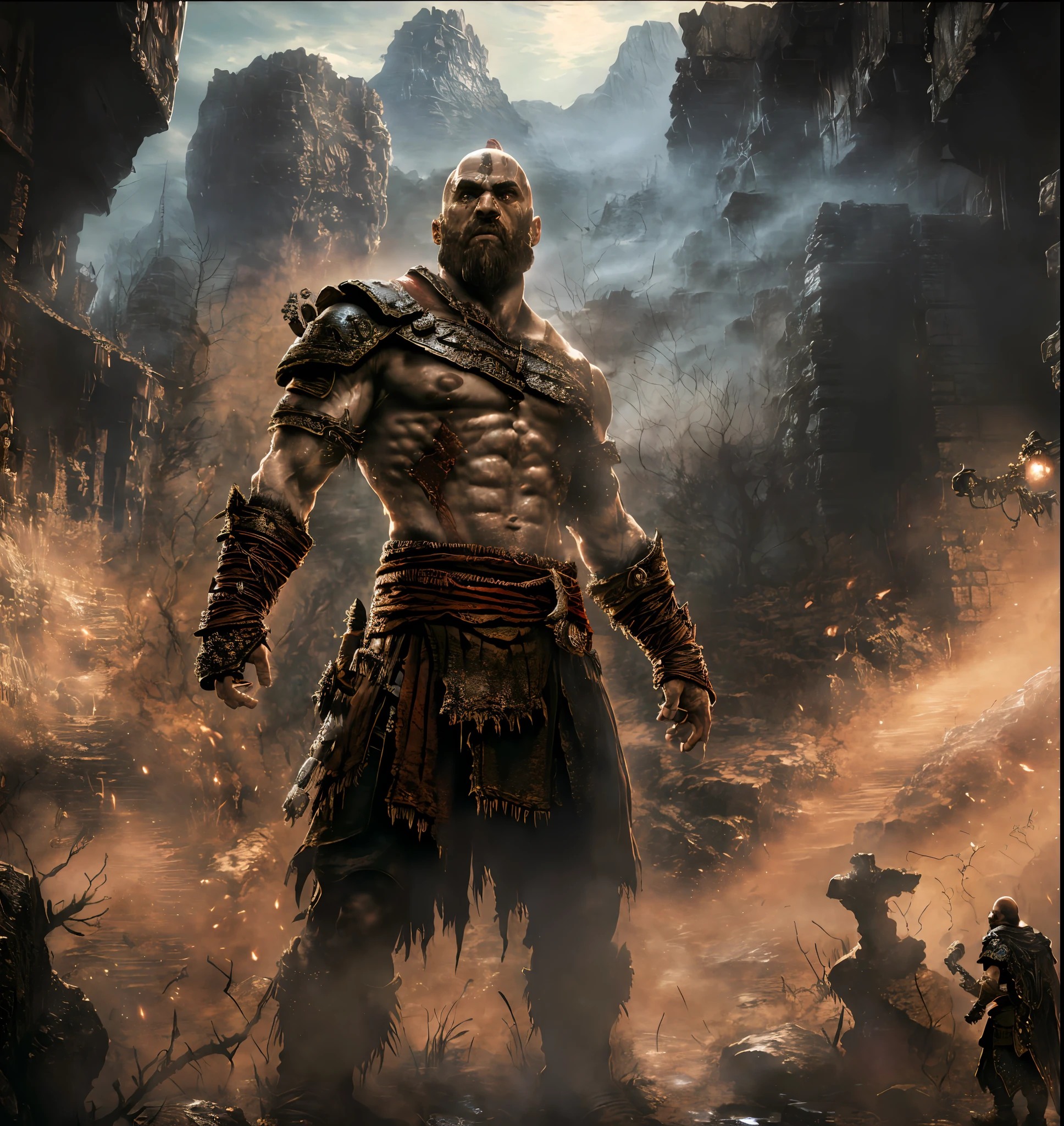 God of war 3, kratos, realistically, dynamic lights, full footage, (extremely detailed 8k wallpaper of CG unit), trend in ArtStation, trend in CGSociety, high detail, sharp focus, dramatic, photorealistic