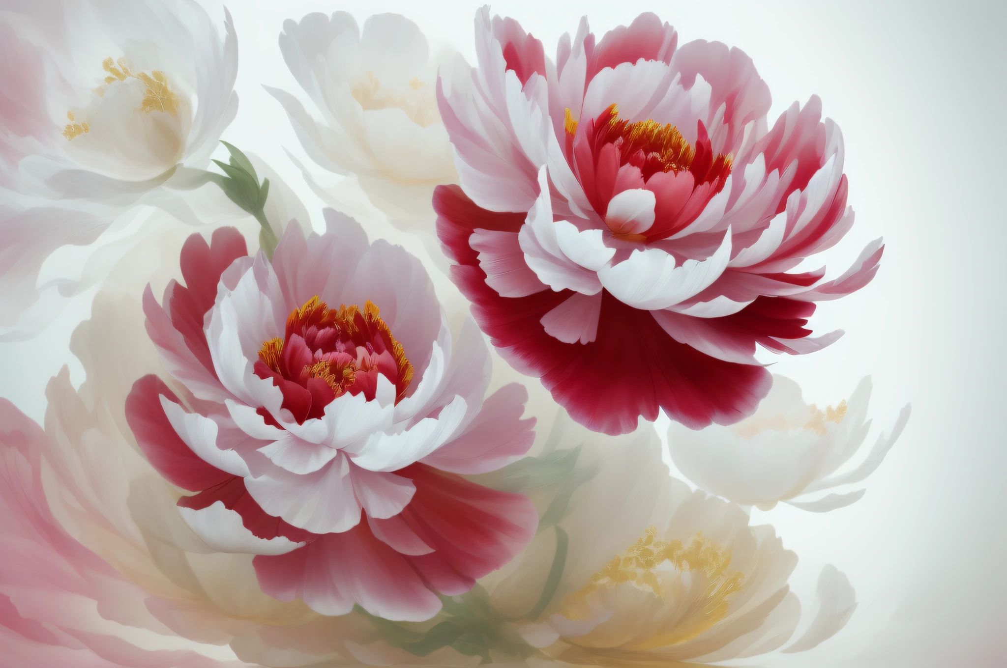 painting of two flowers with a white background and a red one, elegant and refined painting, beautiful art uhd 4 k, peony flowers, gold flaked flowers, peony, elegant digital painting, elegant flowers, beautiful large flowers, peonies, large opaque blossoms, translucent roses ornate, celestial red flowers vibe, ornate flowers, peony flower, beautiful digital artwork