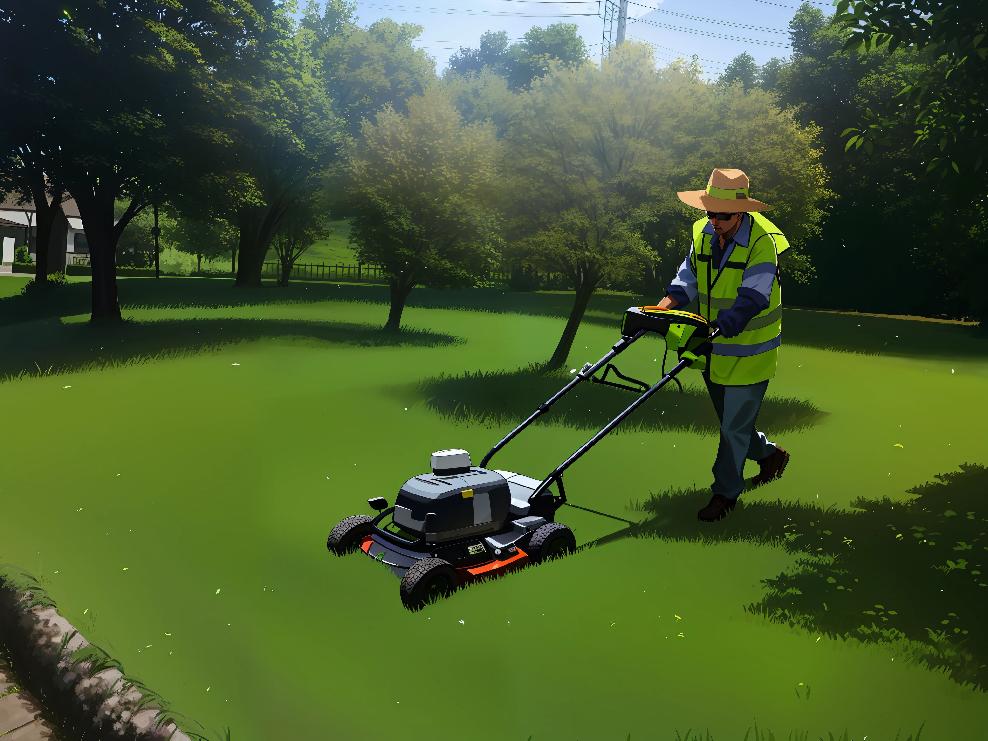 arafed man mowing the grass with a lawn mower, professional work, lawns, very professional, professional image, profile pic, professional art, professional picture, traditional art, tending on arstation, proffesional, with a lush grass lawn, lawn, by Ivan Ranger, photo - shot, amazing quality, pulling weeds out frantically, working hard, professional