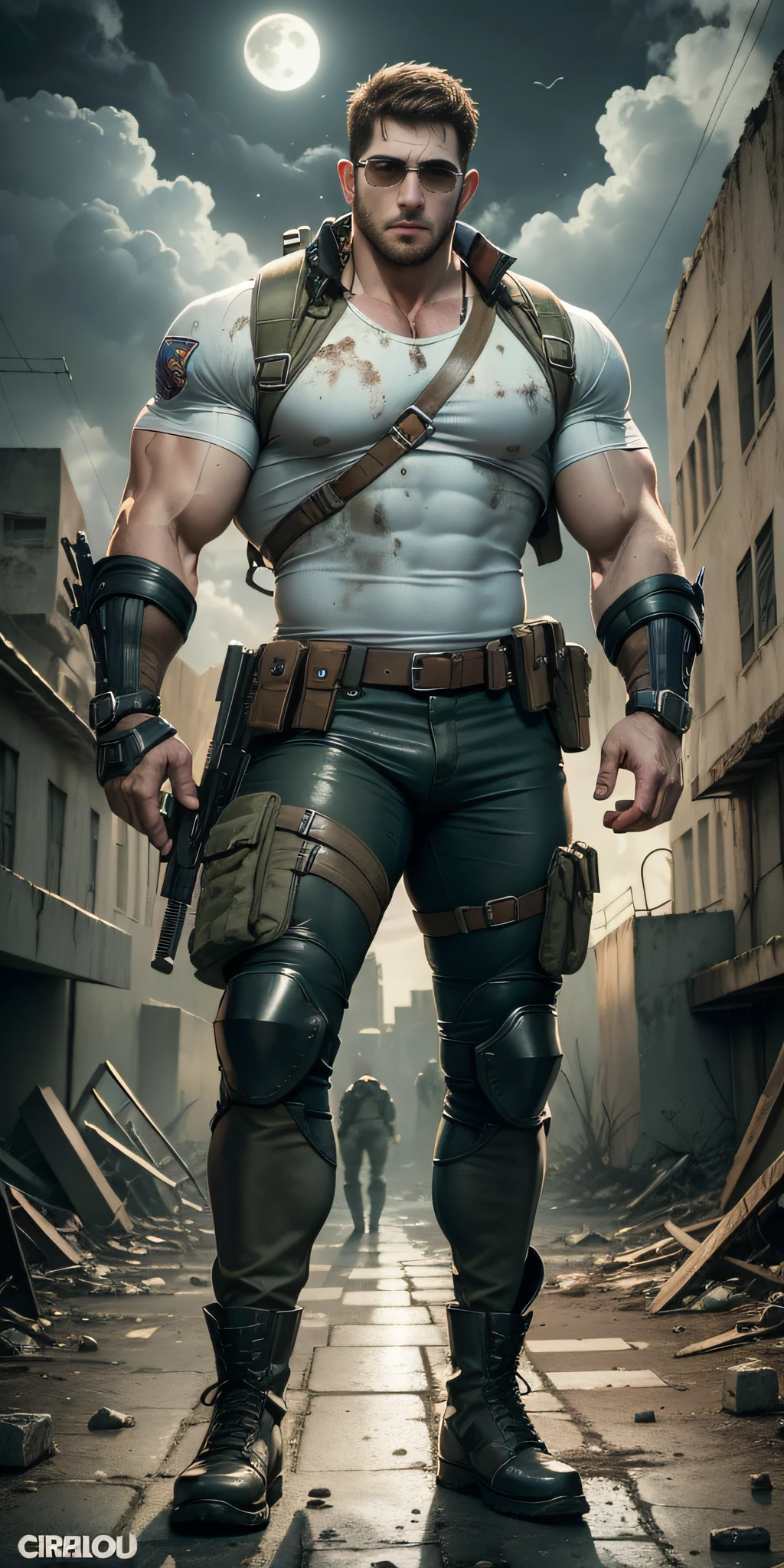 Movie poster, character design (Resident Evil - Chris Redfield, Chris Redfield) wearing a milky white combat uniform, standing alone in the ruins of the apocalypse, with a sad expression, muscular male hero, heroic male pose, tall and burly, muscular! Wearing sunglasses, sexy and charming body, tall and burly, creamy white combat suit, super buff and cool, high resolution committee, creamy white combat boots, attractive strong male, bright moonlight on the body, lonely