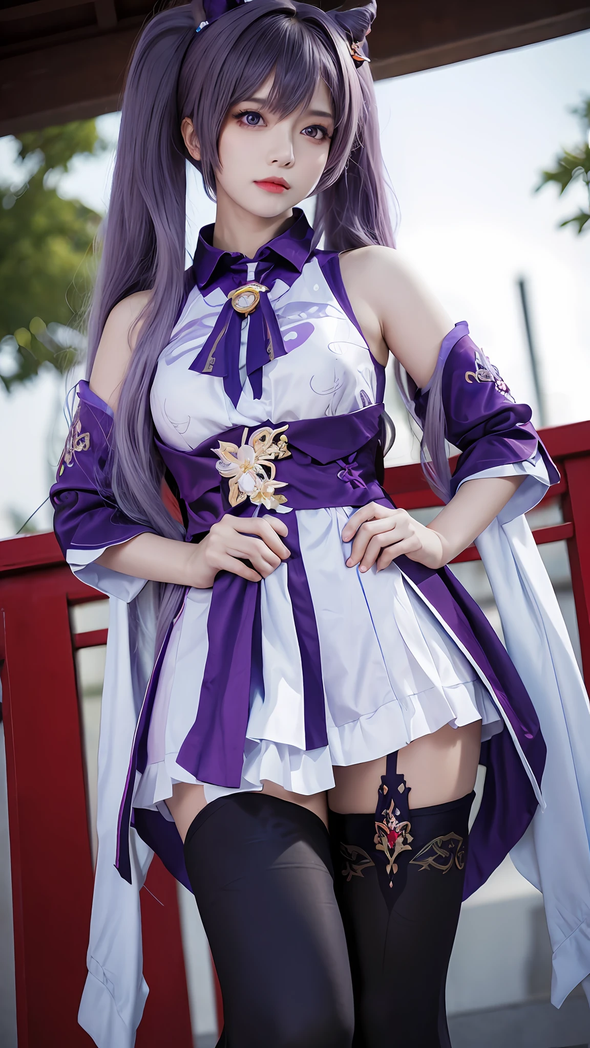 masterpiece, best quality, detailed, depth of field, ultra realistic, photorealistic, realistic face and eyes, realistic skin texture, cinematic lighting, ulzzang-6500, 1girl, frown, keqing_\(genshin_impact\), purple_eyes, twintails, sharp eyes, cool face, filmg,(thigh highs:1.4)