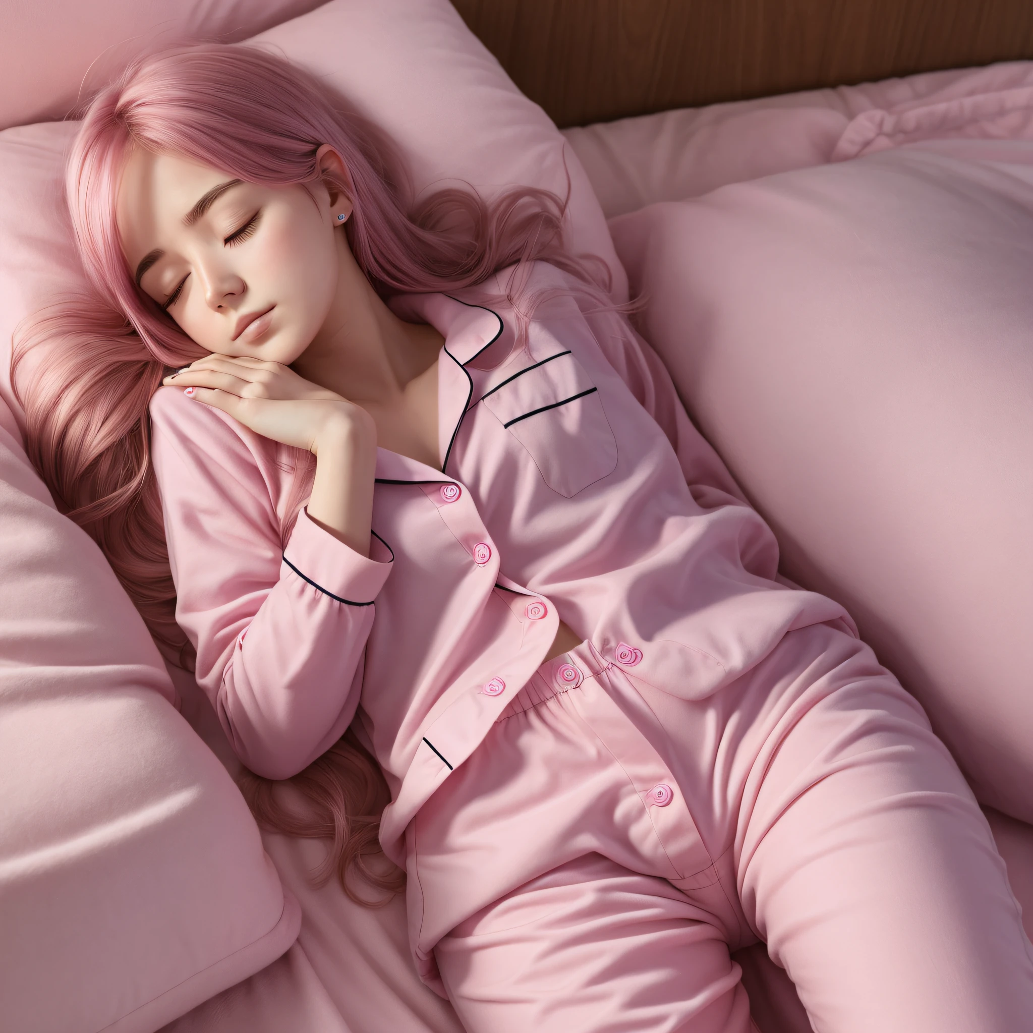 Sleeping girl, 22 years old, realistic, she is wearing long pants, she is wearing pink pajama, brown hair. --auto --s2