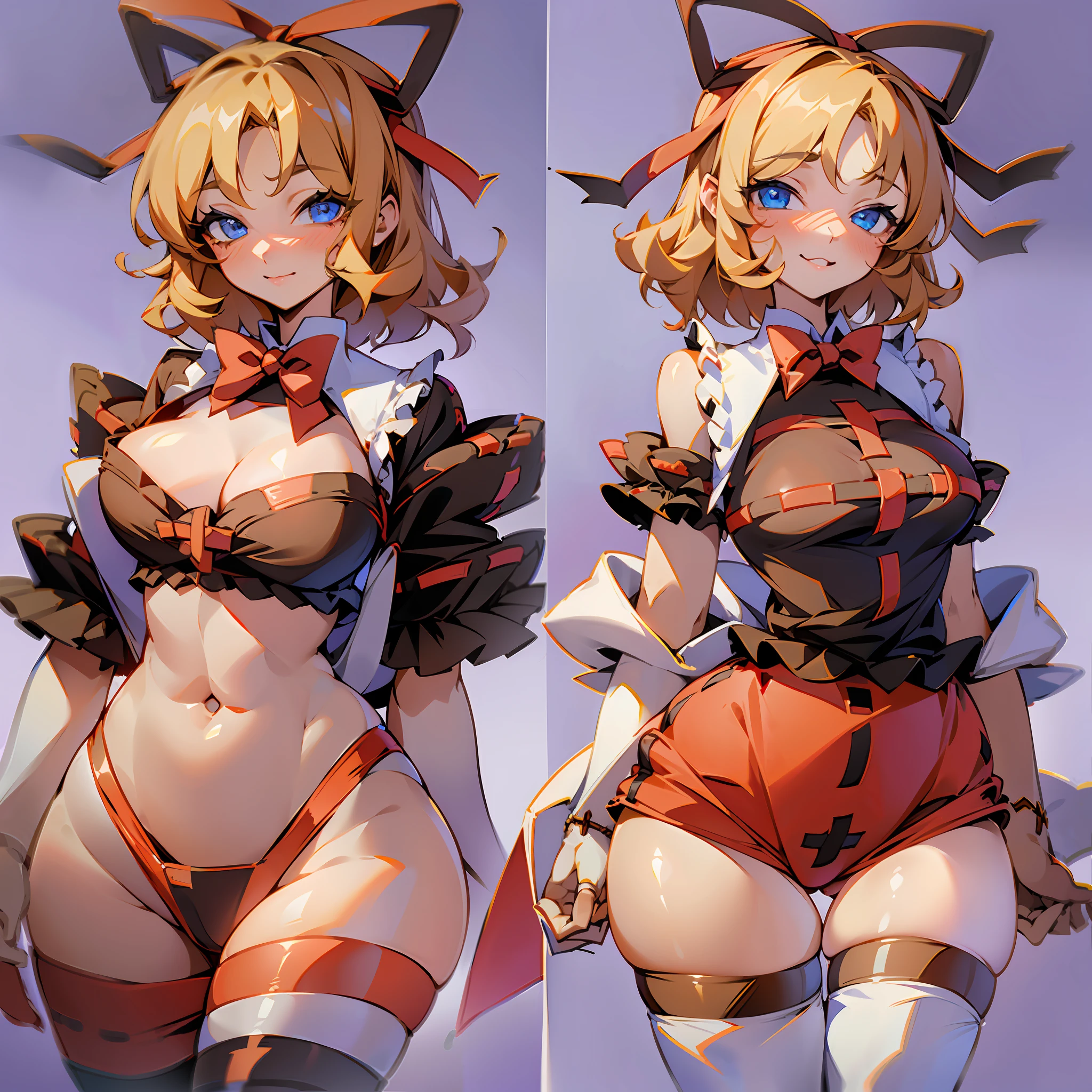 Masterpiece: 1.6, best quality: 1.4, live image: 1.2, intricate details: 1.2, charturnerv2: 1.2, 1lady full body character change, Appearance: young: 1.25, thin: 1.3, blue eyes, thick eyelashes,large breasts, detailed eyes, quality eyes, Clothing: red skirt, bubble skirt, black shirt Accessories: red bow, red ribbon, Hair: blonde hair, short hair, semi curly hair, natural, shiny skin, (single background, white background:1.8), transparent Background, multiple views, multiple views of the same character in the same outfit: 1.3., character sheet: 1.2, multiple facial expressions: 1.3, seductive smile, sexy, shaded face, white legwear, white thighhighs, blush, nose blush:1.2, wide hips, superb, thighs,