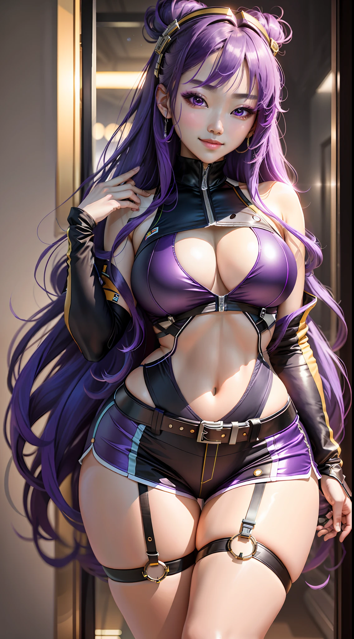 Masterpiece, Maximum Quality, Ultra High Resolution, 8K, Korean Girl (Extremely Beautiful), Shimmering Purple Hair, Full Body, Thin, Detailed Face, Detailed Eyes, Mischievous Smile, Wide Hips, Thick Thighs, Smooth and Soft Pellet, Wearing Micro Shorts and Micro Regatta