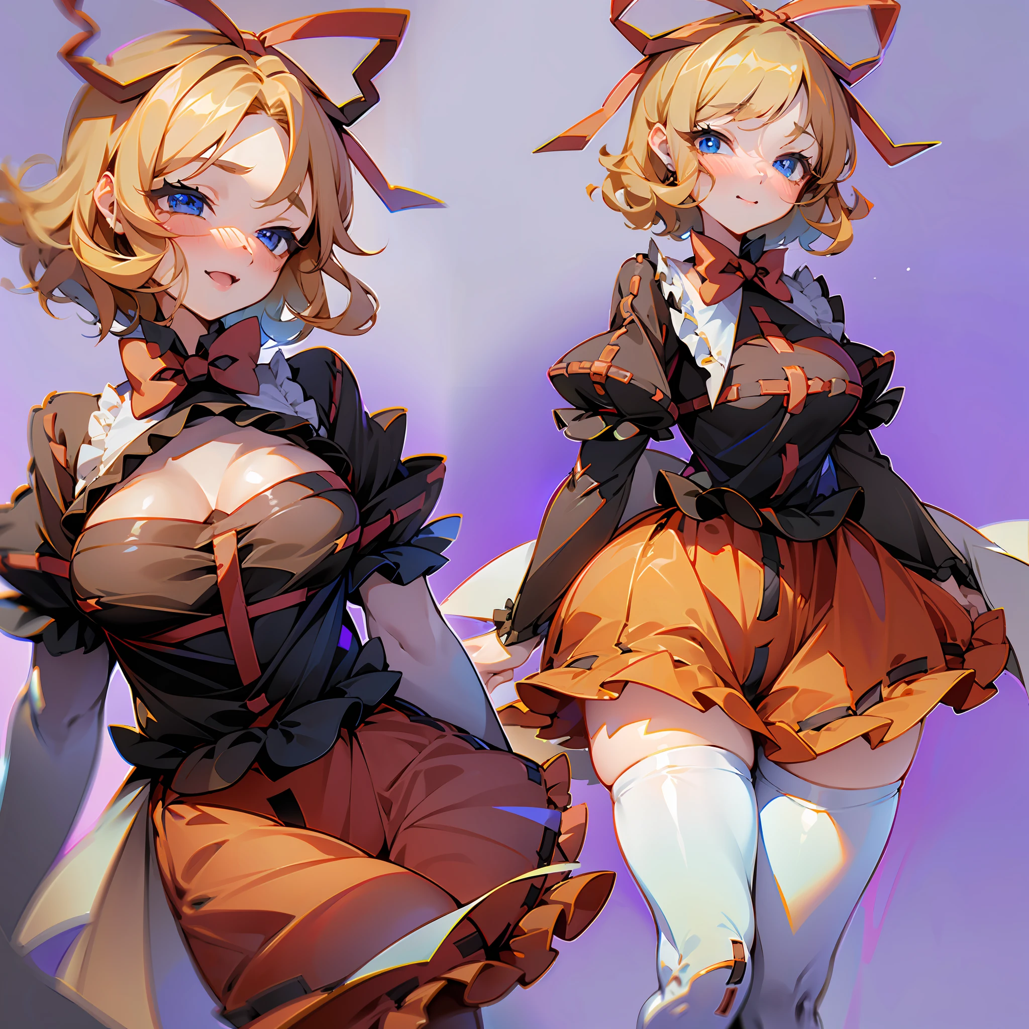 Masterpiece: 1.6, best quality: 1.4, live image: 1.2, intricate details: 1.2, charturnerv2: 1.2, 1lady full body character change, Appearance: young: 1.25, thin: 1.3, blue eyes, thick eyelashes,large breasts, detailed eyes, quality eyes, Clothing: red skirt, bubble skirt, black shirt Accessories: red bow, red ribbon, Hair: blonde hair, short hair, semi curly hair, natural, shiny skin, (single background, white background:1.8), transparent Background, multiple views, multiple views of the same character in the same outfit: 1.3., character sheet: 1.2, multiple facial expressions: 1.3, seductive smile, sexy, shaded face, white legwear, white thighhighs, blush, nose blush:1.2, wide hips, superb, thighs,
