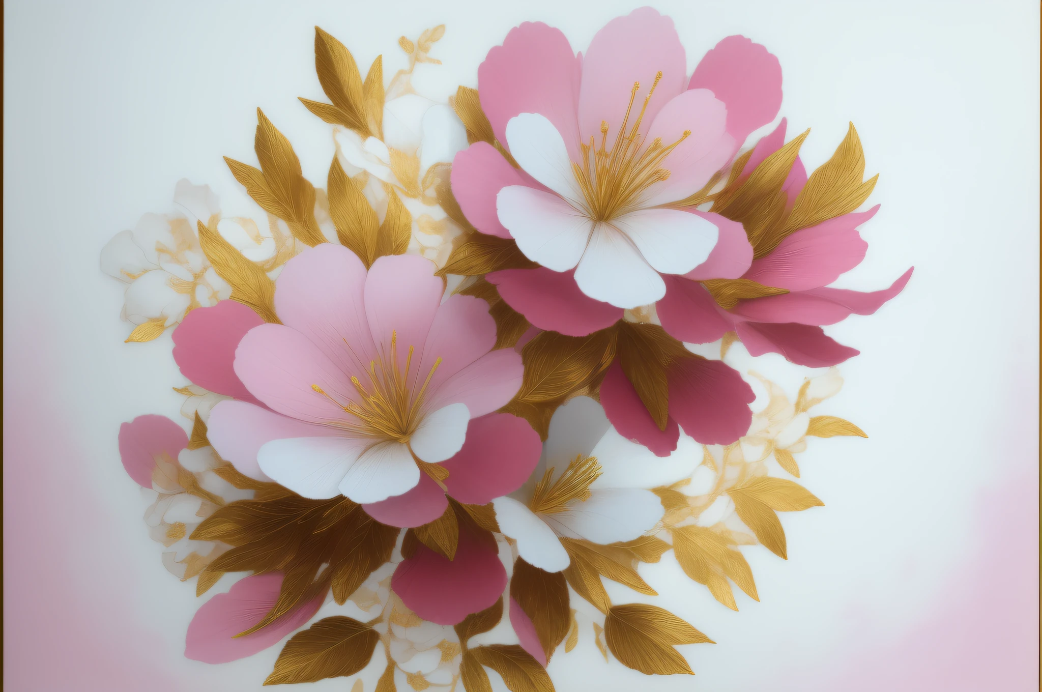 painting of two pink flowers with gold leaves on a white background, elegant and refined painting, gold flaked flowers, gold and pink, elegant flowers, pink - petals, pink flowers, large opaque blossoms, beautiful large flowers, pink and white and gold, incredibly beautiful, high detailed), by Paul Davis, exquisite fine art, by Liang Kai, gold flowers