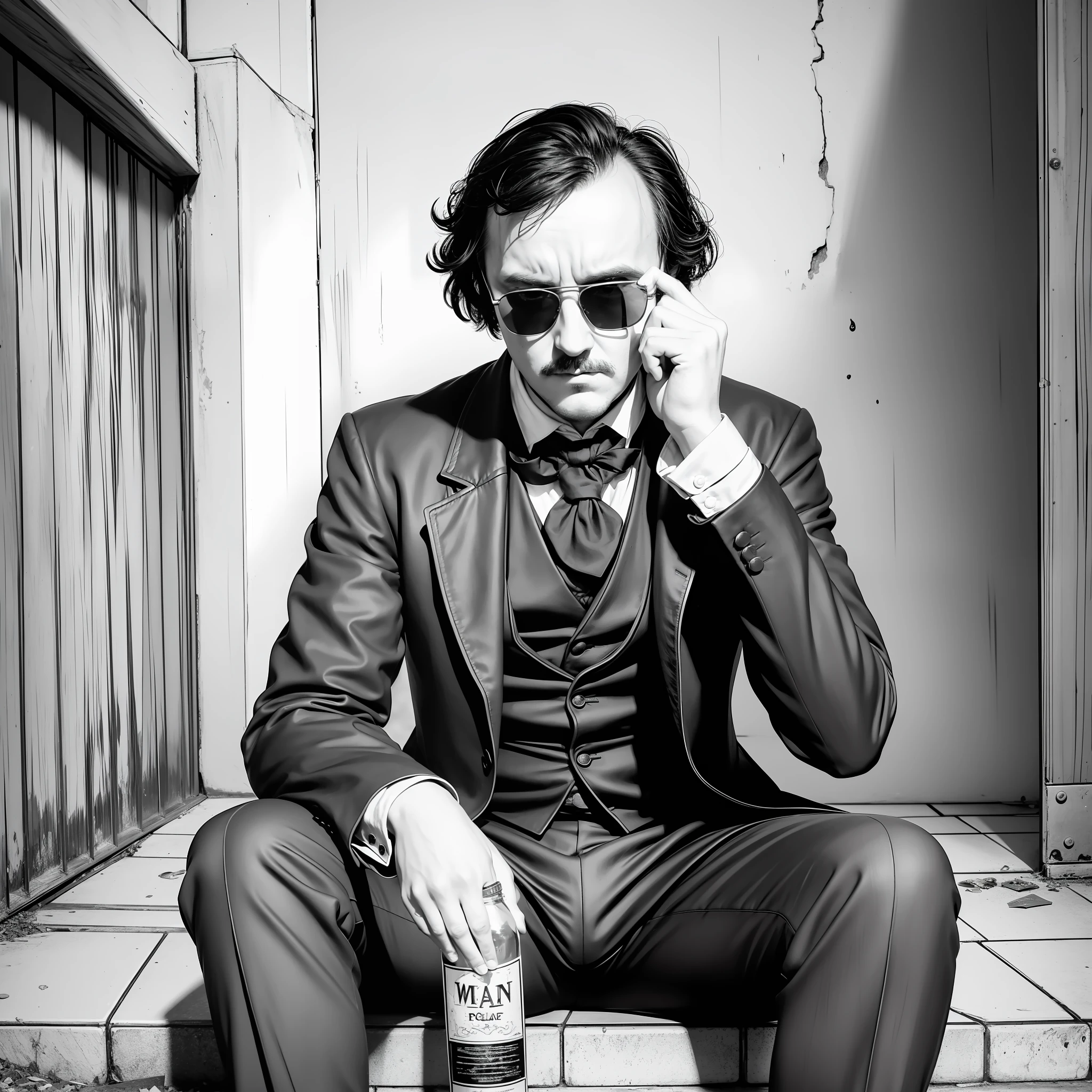 A man like edgar allan poe, wearing sunglasses, drunk, drunk, sitting in an alley, with holding a bottle, melancholy and very sad, noir style, art deco, soviet art, grayscale