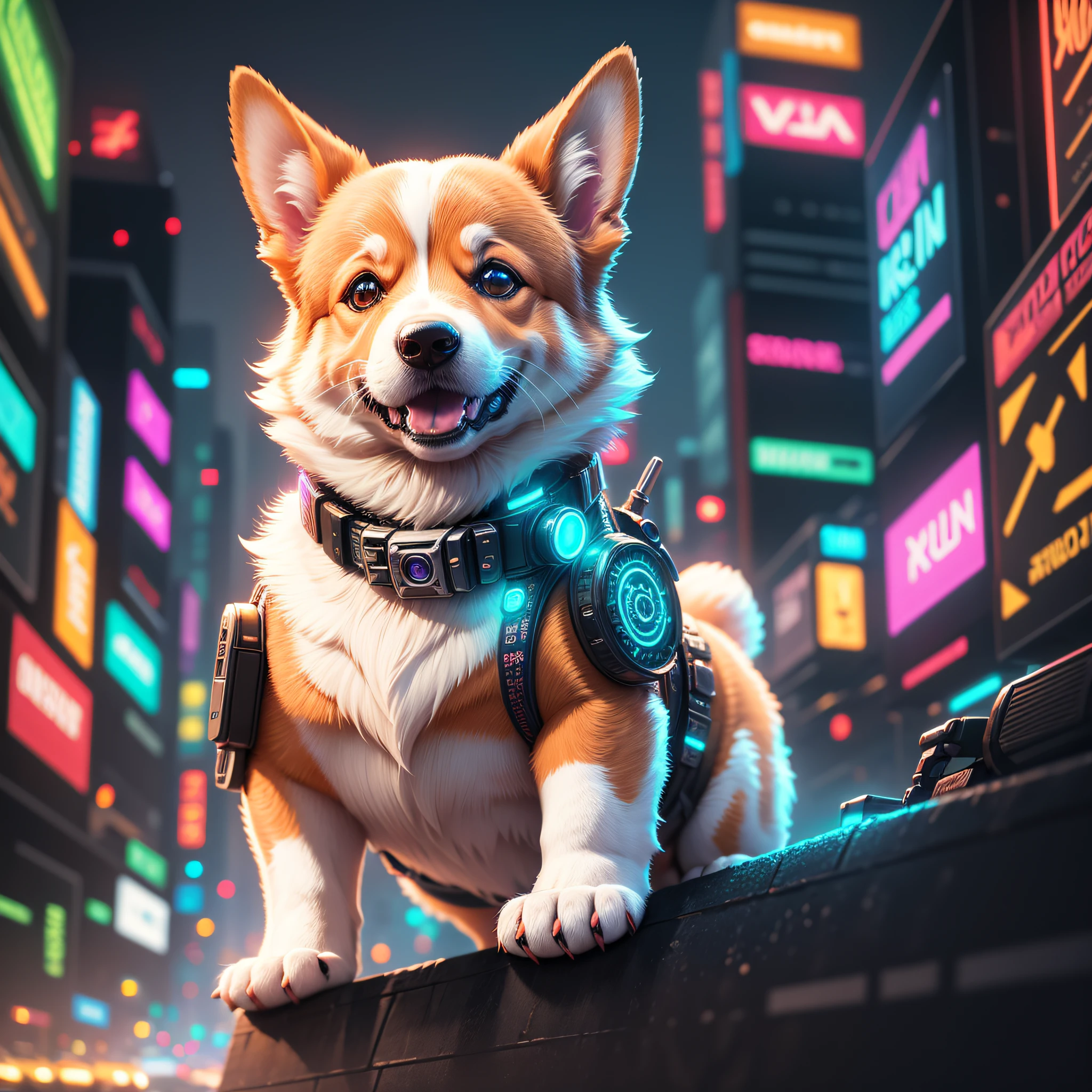 Outstanding, best quality, 8K wallpaper, corgi wearing mechanical equipment, digital cyberpunk style, neon sign, close-up, avatar --auto --s2