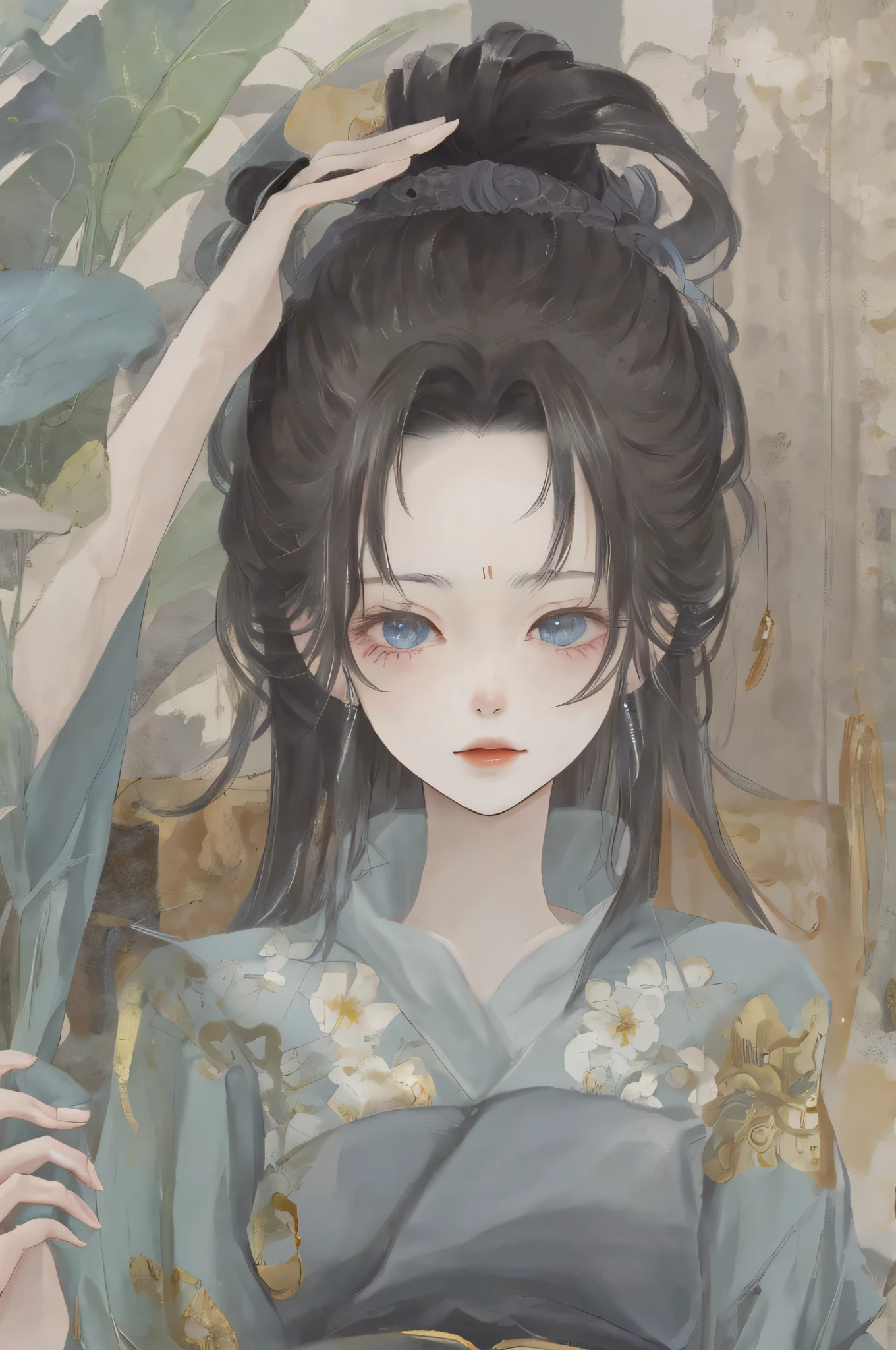 An ancient Chinese beauty sitting on a stone, wearing ancient Chinese clothing, flowing tulle, light silk, lazy posture, large lotus leaf, lotus, ink painting style, clean color, decisive cutting, blank, freehand, masterpiece, super detailed, epic composition, high quality, the highest quality, 4k --v 6
