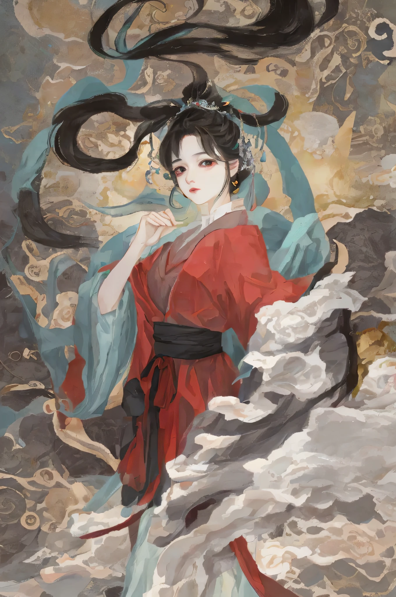 An ancient Chinese beauty sitting on a stone, wearing ancient Chinese clothing, flowing tulle, light silk, lazy posture, large lotus leaf, lotus, ink painting style, clean color, decisive cutting, blank, freehand, masterpiece, super detailed, epic composition, high quality, the highest quality, 4k --v 6