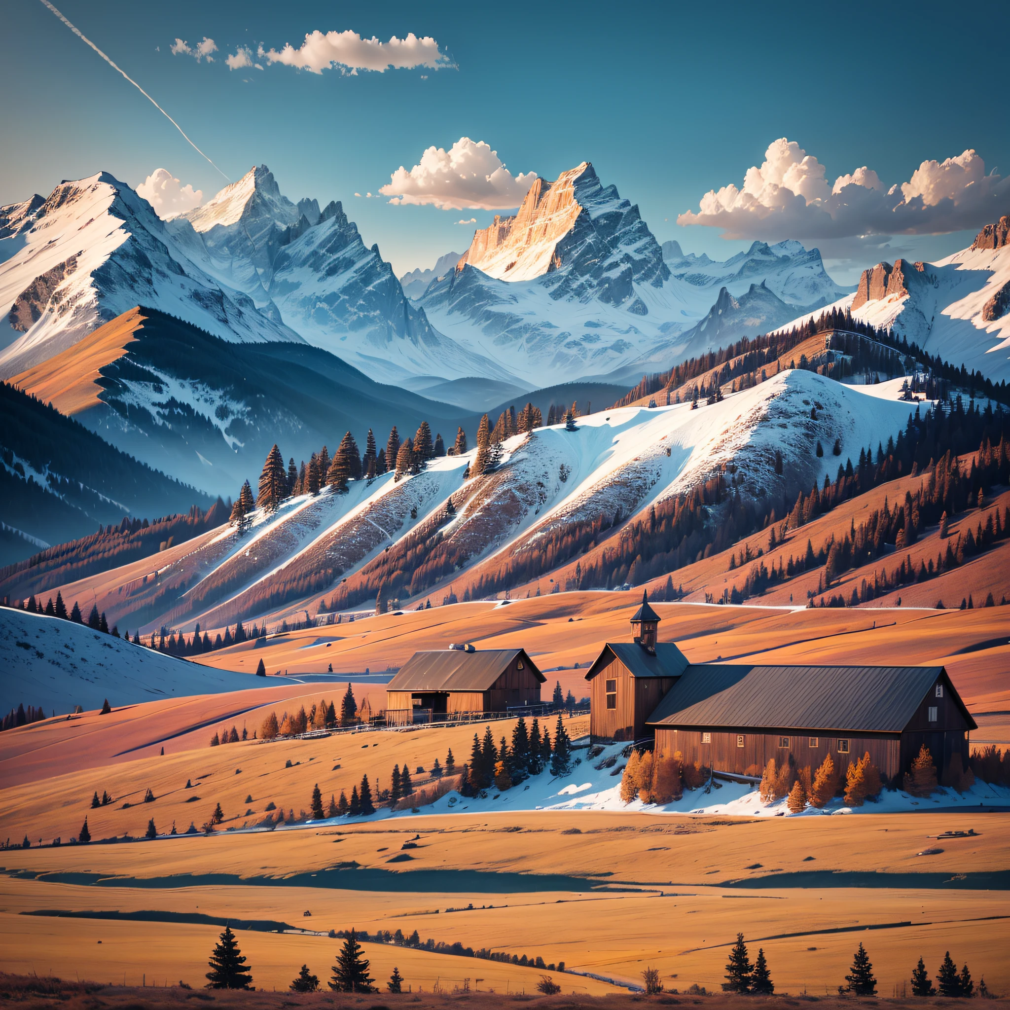 (8k:1.27), best quality, masterpiece, super high resolution: 1.2, mountains in background, barn and fence in foreground, western american landscape, Wyoming, scenic mountain setting, stunning scenery, mountain setting, cabins under the alps, stunning scenery, stunning scenery, breathtaking scenery, Wild West environment, amazing landscape images, beautiful scenery, beautiful place, in a scenic background, wooden house in the distance --auto --s2