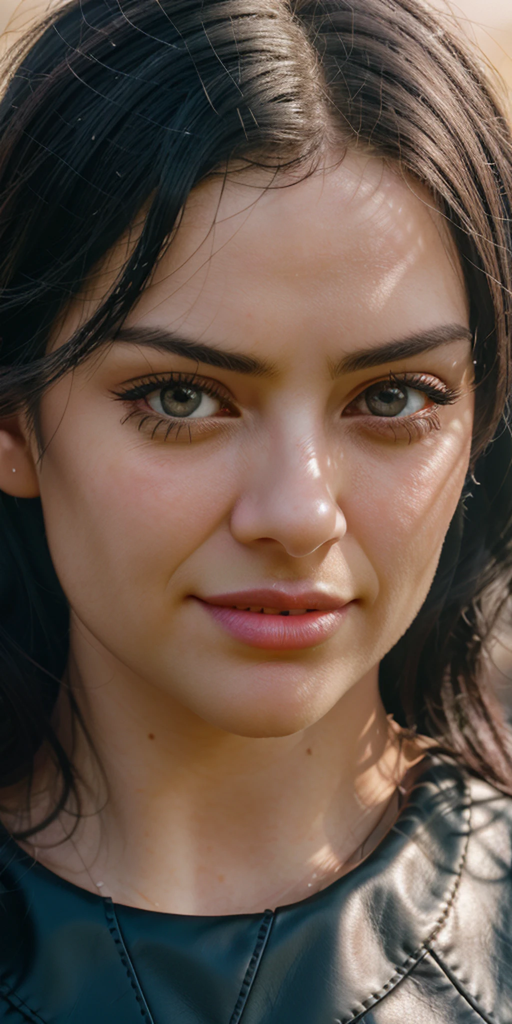 black hair, long eyelashes, solid circle eyes, light smile, blush ear, drop shadow, pov, atmospheric perspective, hyperrealism, cinematic lighting, negative space, vanishing point, from above, ray tracing, lens flare, bokeh, Eye-Level Shot, f/1.8, 85mm, Hasselblad, 8k, super detail, accurate, best quality, UHD, super detail, textured leather, high quality