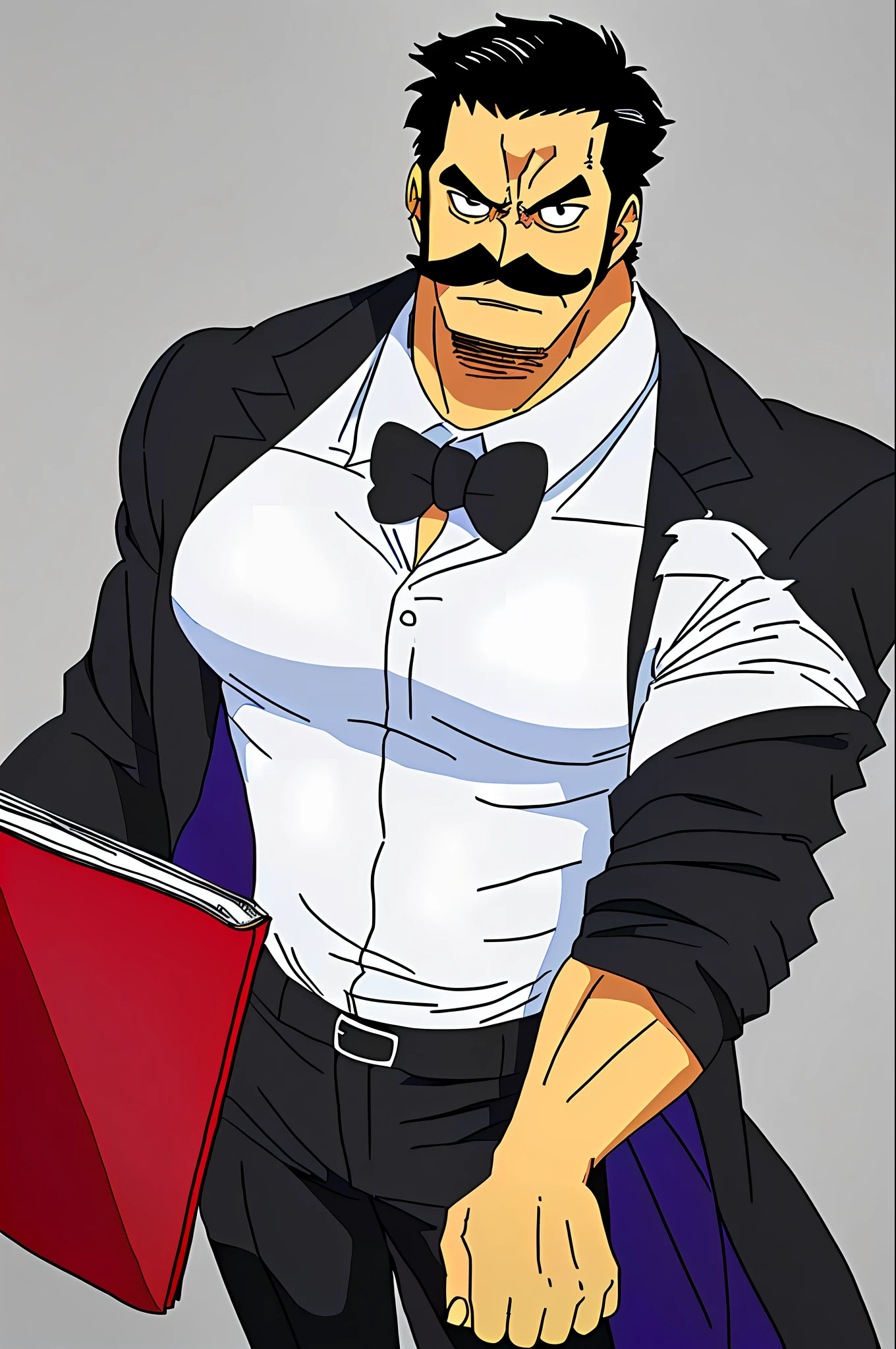 Very muscular character, in a black suit with a white shirt underneath, with a large mustache and with a book in his hand