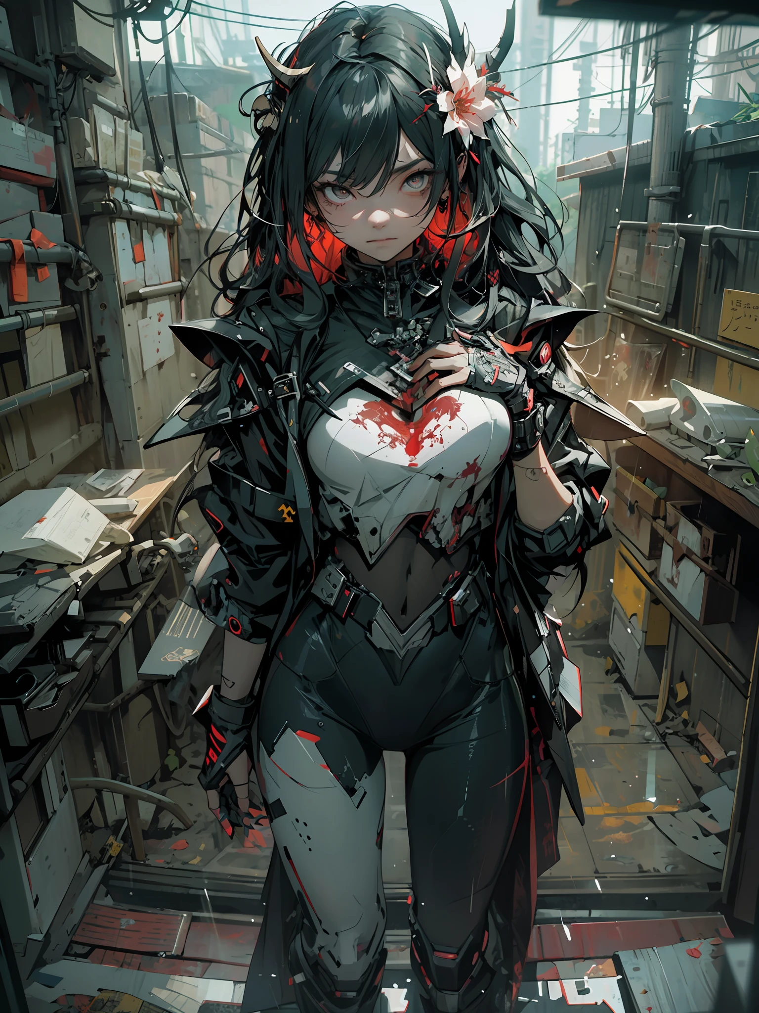 official art, unity 8k wallpaper, ultra detailed, beautiful and aesthetic, High quality, beautiful, masterpiece, best quality, (zentangle, mandala, tangle, entangle:0.6), flat color, limited palette, low contrast, 1girl, serafuku, long straight black hair, lycoris flower, goat skull, (red, black), (horror), (gloomy), blood, masterpiece, best quality, ultra-detailed, 1girl, beautiful detailed eyes, beautiful detailed glow, cuberpunk, extremely detailed CG unity 8k wallpaper, tall slender body, full body shot, tall girl, long wavy black hair, green eyes, athletic build, size 3 chest, white lab coat, black T-shirt, black pants, lab room, medium breasts, rain, cyberpunk city, cyberpunk armor, full body,