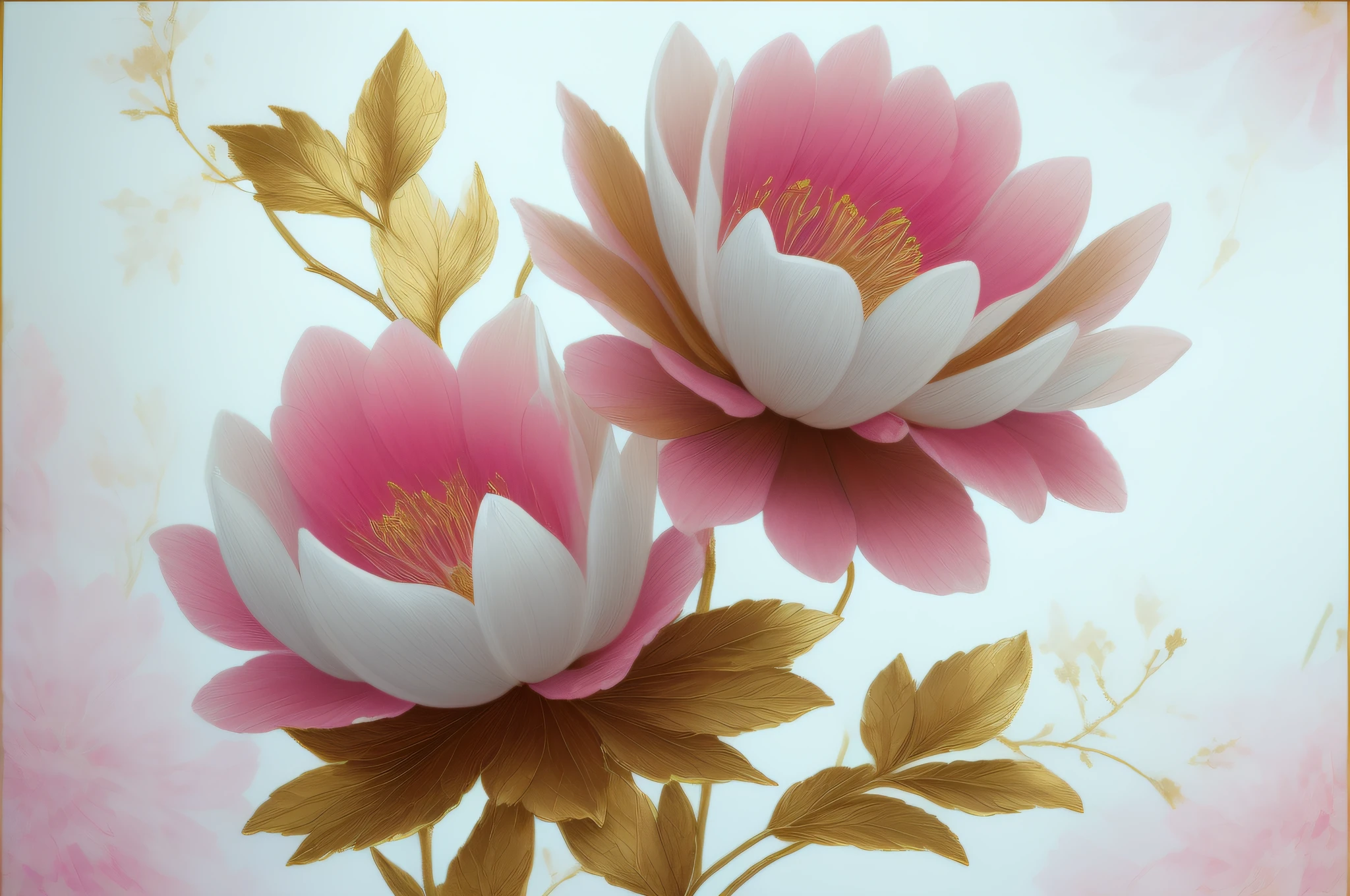 painting of two pink flowers with gold leaves on a white background, elegant and refined painting, gold flaked flowers, gold and pink, elegant flowers, pink - petals, pink flowers, large opaque blossoms, beautiful large flowers, pink and white and gold, incredibly beautiful, high detailed), by Paul Davis, exquisite fine art, by Liang Kai, gold flowers