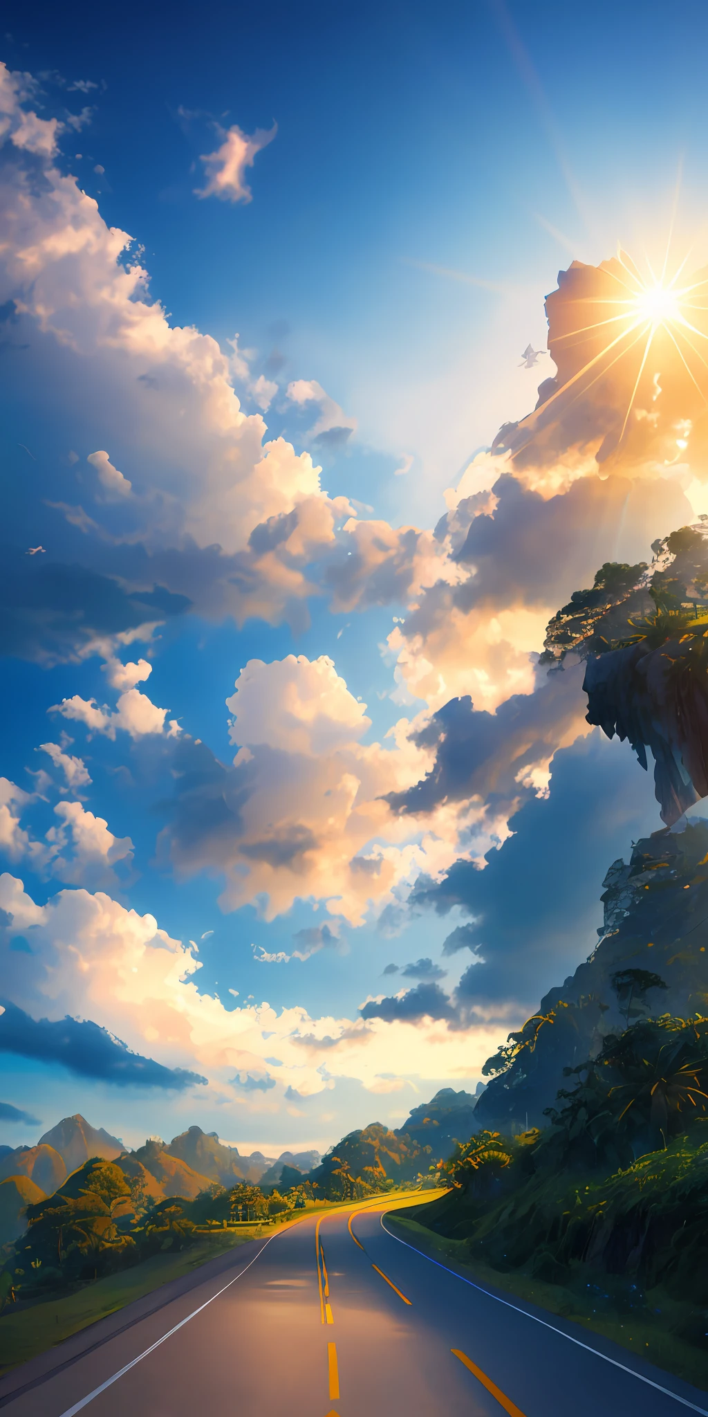 masterpiece, best quality, high quality, extremely detailed CG unity 8k wallpaper, scenery, outdoors, sky, cloud, day, no humans, ,award winning photography, Bokeh, Depth of Field, HDR, bloom, Chromatic Aberration ,Photorealistic,extremely detailed, trending on artstation, trending on CGsociety, Intricate, High Detail, dramatic, art by midjourney, sebuah jalan panjang diantara ladang pesawahan di bawah langit biru yang cerah, golden hours
