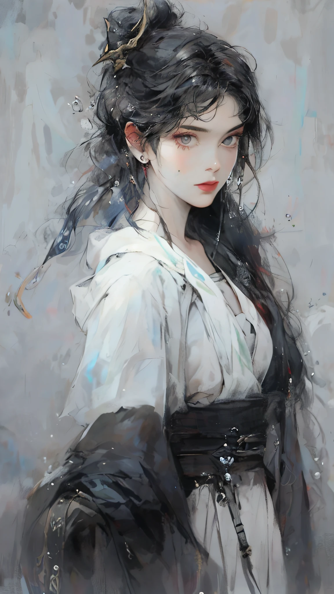 Close up of a woman with black hair, beautiful character painting, splashing ink, epic fine character art, amazing character art