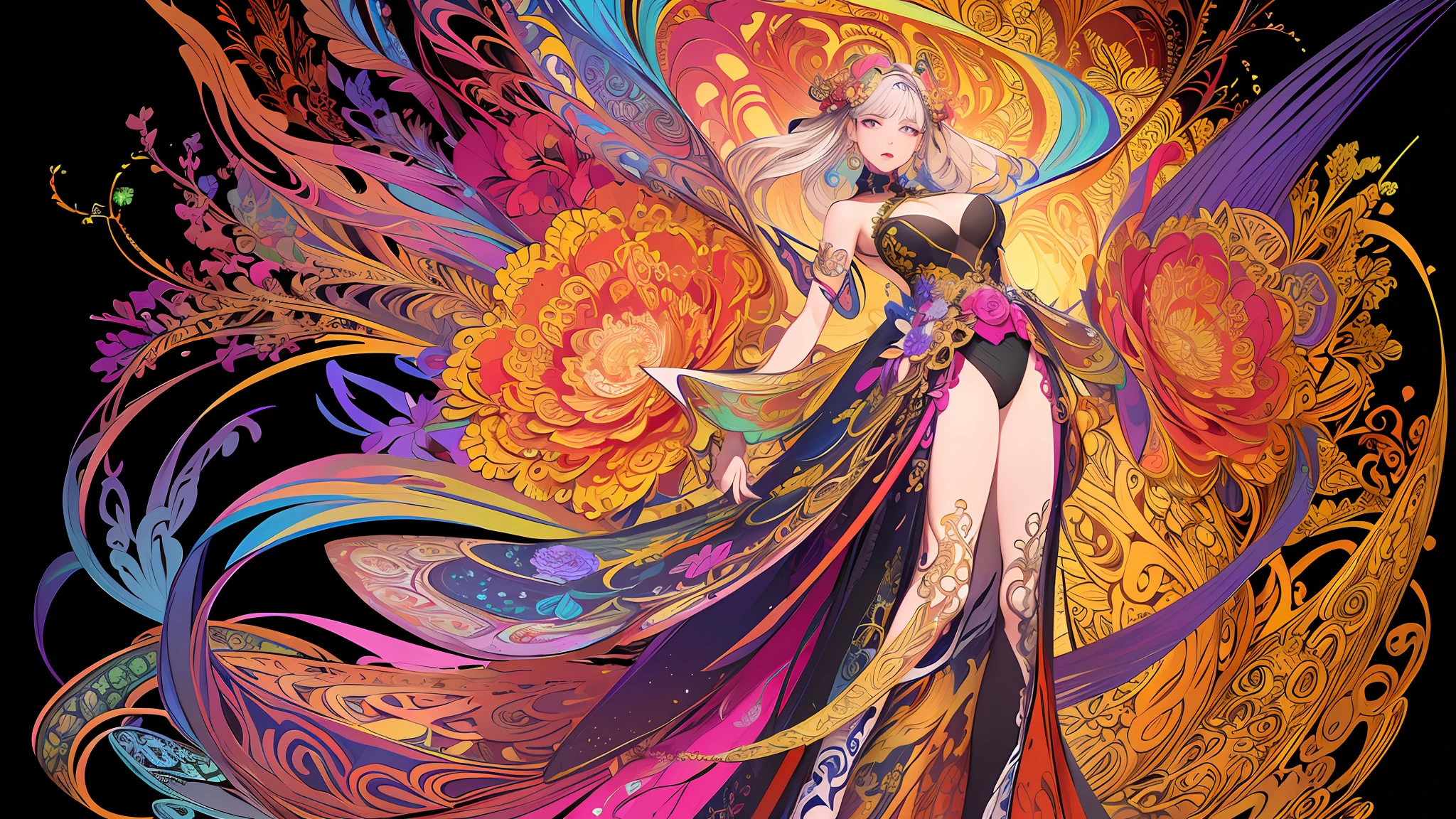 (masterpiece, top quality, best quality, official art, beautiful and aesthetic:1.2), (1girl:1.3), extremely detailed,(fractal art:1.1),(colorful:1.1)(flowers:1.3),highest detailed,(zentangle:1.2), (dynamic pose), (abstract background:1.3), (chinese dress:1.2), (shiny skin), (many colors:1.4), ,(earrings:1.4),