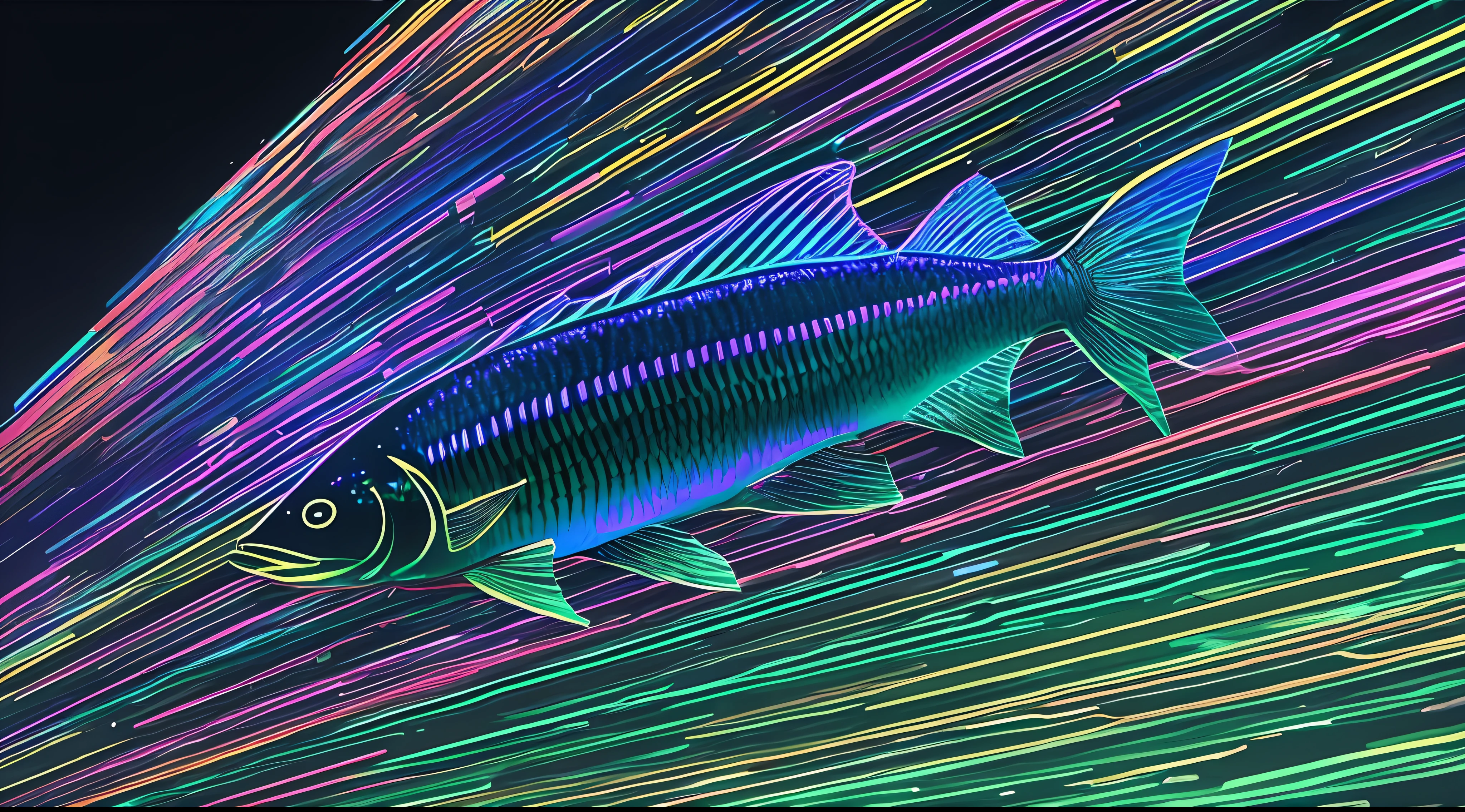 Best quality, masterpiece, a bunch of digital holographic projected fish, digital particleization, technology, futuristic, all black gradient background, --auto --s2