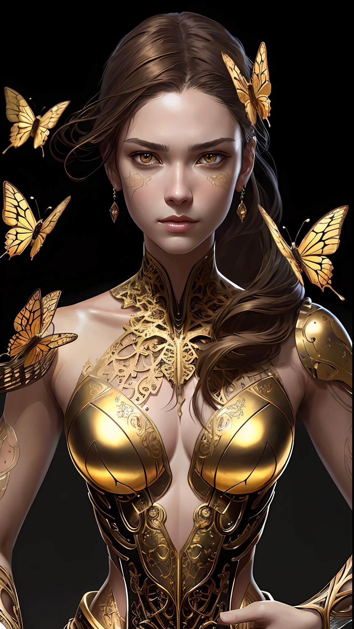 8k portrait of beautiful cyborg with brown hair, intricate, elegant, highly detailed, majestic, digital photography, art by artgerm and ruan jia and greg rutkowski surreal painting gold butterfly filigree, broken glass, (masterpiece, sidelighting, finely detailed beautiful eyes: 1.2), hdr,