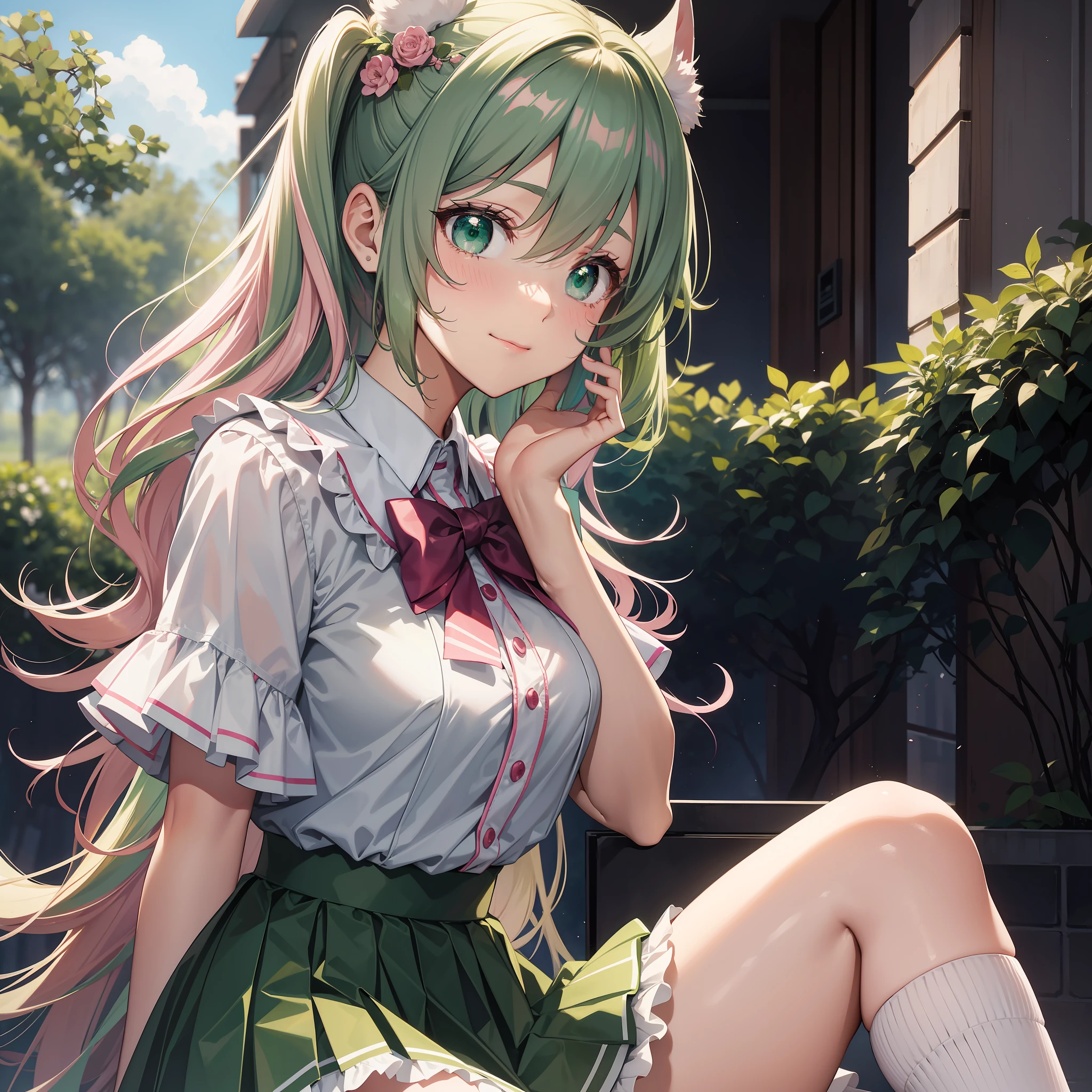 Character Design Sheet, A Girl, 1.65m Tall, 17 years old, Hair: Long silky pastel pink, reaching the middle of her back, Eyes: Large and bright emerald green, Everyday attire: Wears a white short-sleeved blouse with ruffles on the shoulders, a light pink pleated skirt and knee-length socks. She also wears a pink bow in her hair, School uniform: She wears a Japanese-style uniform composed of a white jacket with pastel pink details, a matching pleated skirt and white high stockings, sweet and kind smile on her face, which brightens her expression and shows her optimistic personality, emerald green eyes highlight and express emotions such as joy, curiosity and determination, Soft blush: Often blushes when embarrassed or excited, adding a touch of tenderness to her appearance