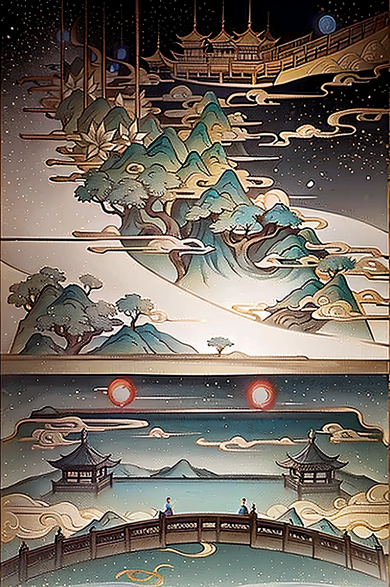An ancient Chinese painting, ancient Chinese background, mountains, rivers, auspicious clouds, pavilions, sunshine, masterpieces, super detail, epic composition, ultra HD, high quality, extremely detailed, official art, unified 8k wallpaper, Super detail, 32k -- v 6