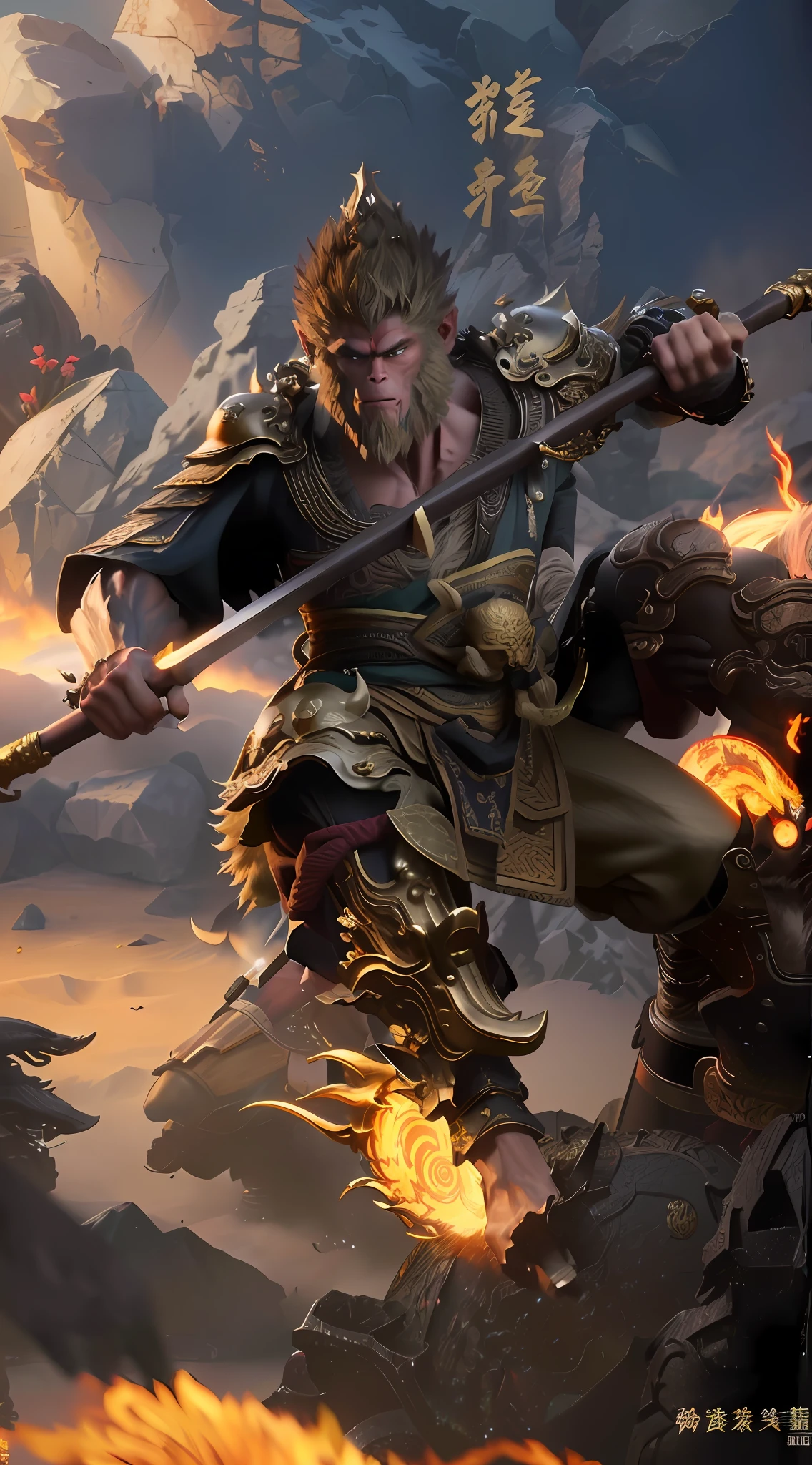Arafeld monkey with sword and fire in his hand, Sun Wukong, Wukong, Sun Wukong, Sun Wukong, Guan Yu, inspired by Hu Zaobin, Bian Lian, inspired by Huang Shen, inspired by Li Kan, the legendary god holding a spear, Keqing from the original god impact, Zhongli from the yuan god impact, inspired by Yang Jin, auspicious clouds are full of grandeur