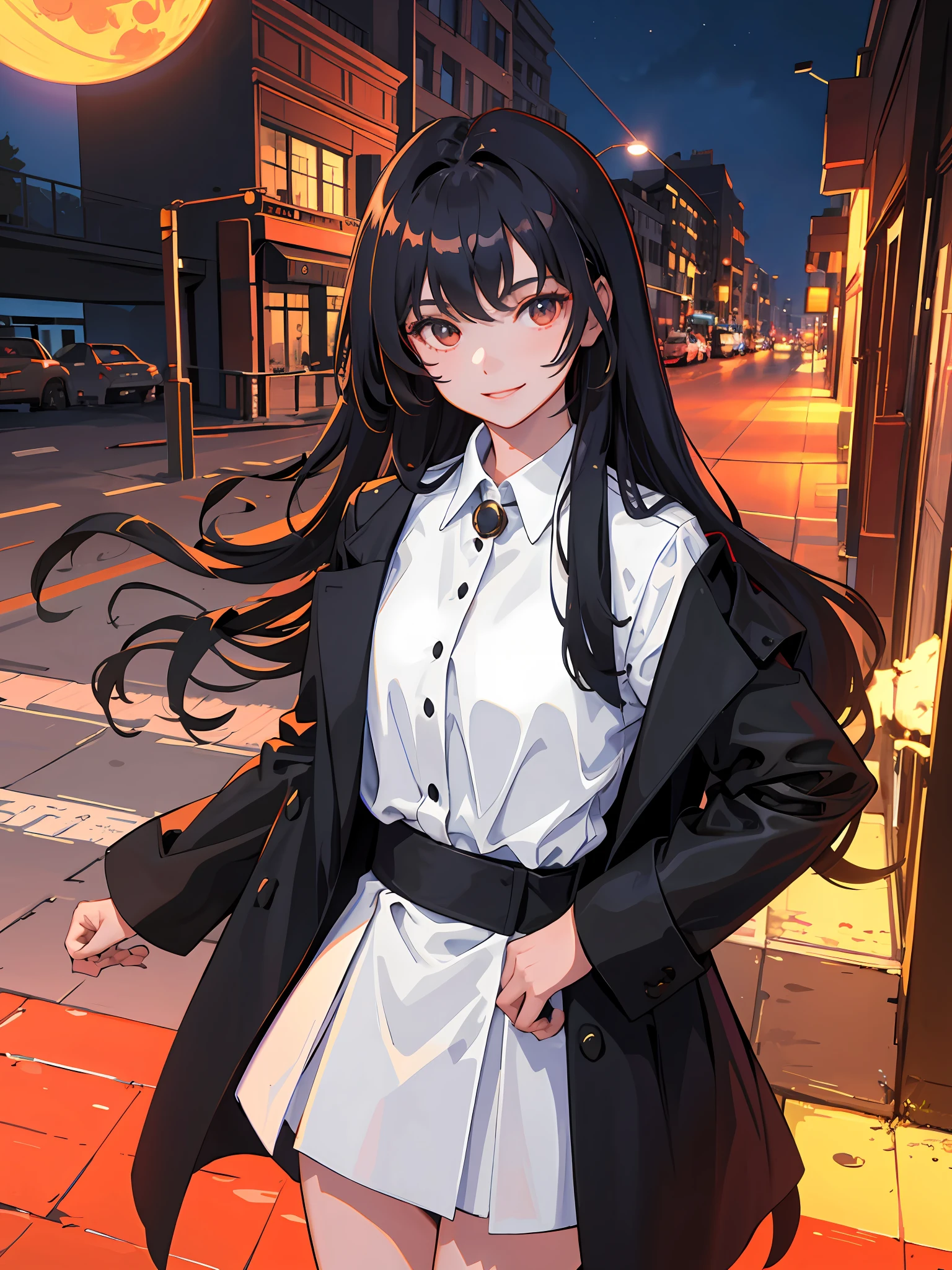 ((masterpiece, best quality)), (1girl), (solo), (female focus), Black long-haired royal sister beauty, wearing a black long-swing trench coat lined with a white shirt, side head, smiling, standing on the street at night, with a blood-red moon in the sky