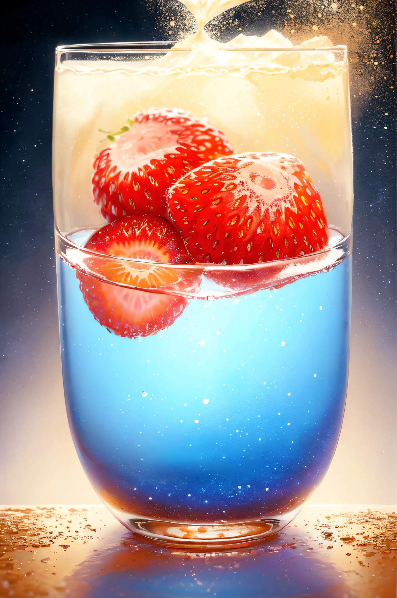(Magical Photo:1.3) of (Realistic:1.3),(Energetic:1.3) product photography of a strawberries falling into a glass of milk, splash, intricate, epic,(by Artist RHADS:1.3),Highly Detailed,(Provia:1.3)