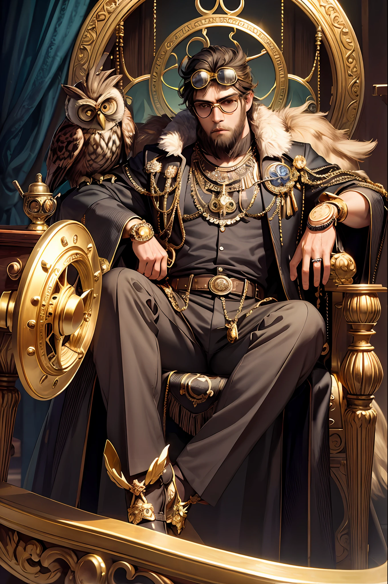 masterpiece, best quality, photorealistic ,fashionmonkey, gorilla, eyewear on head, gears, gem, goggles , gold, jewelry, magic circle,male_focus, owl, pants, shoes, sunglasses, tassel, throne,