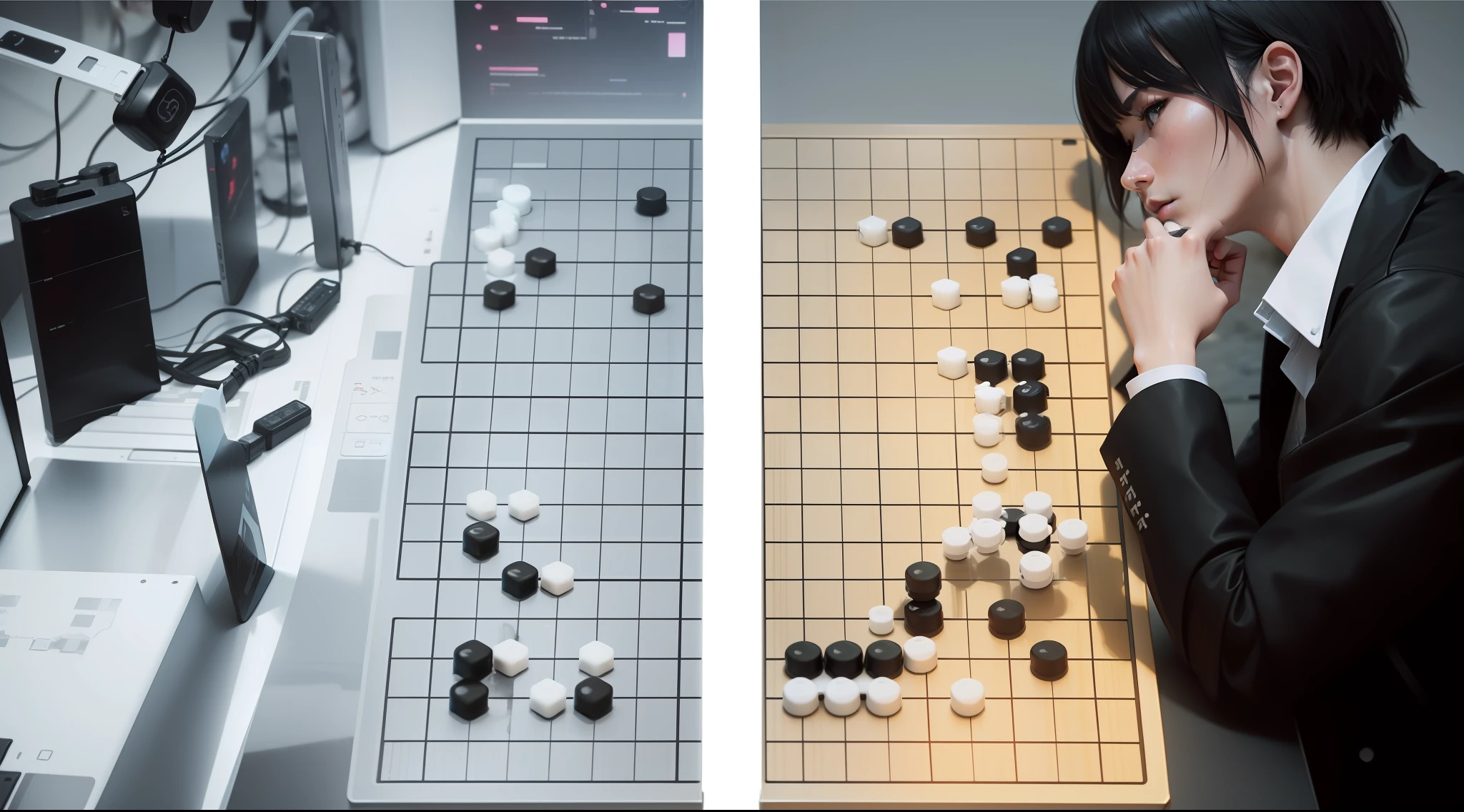 Play Go and AI people, side Go diagram, real photo, cyberpunk --auto --s2