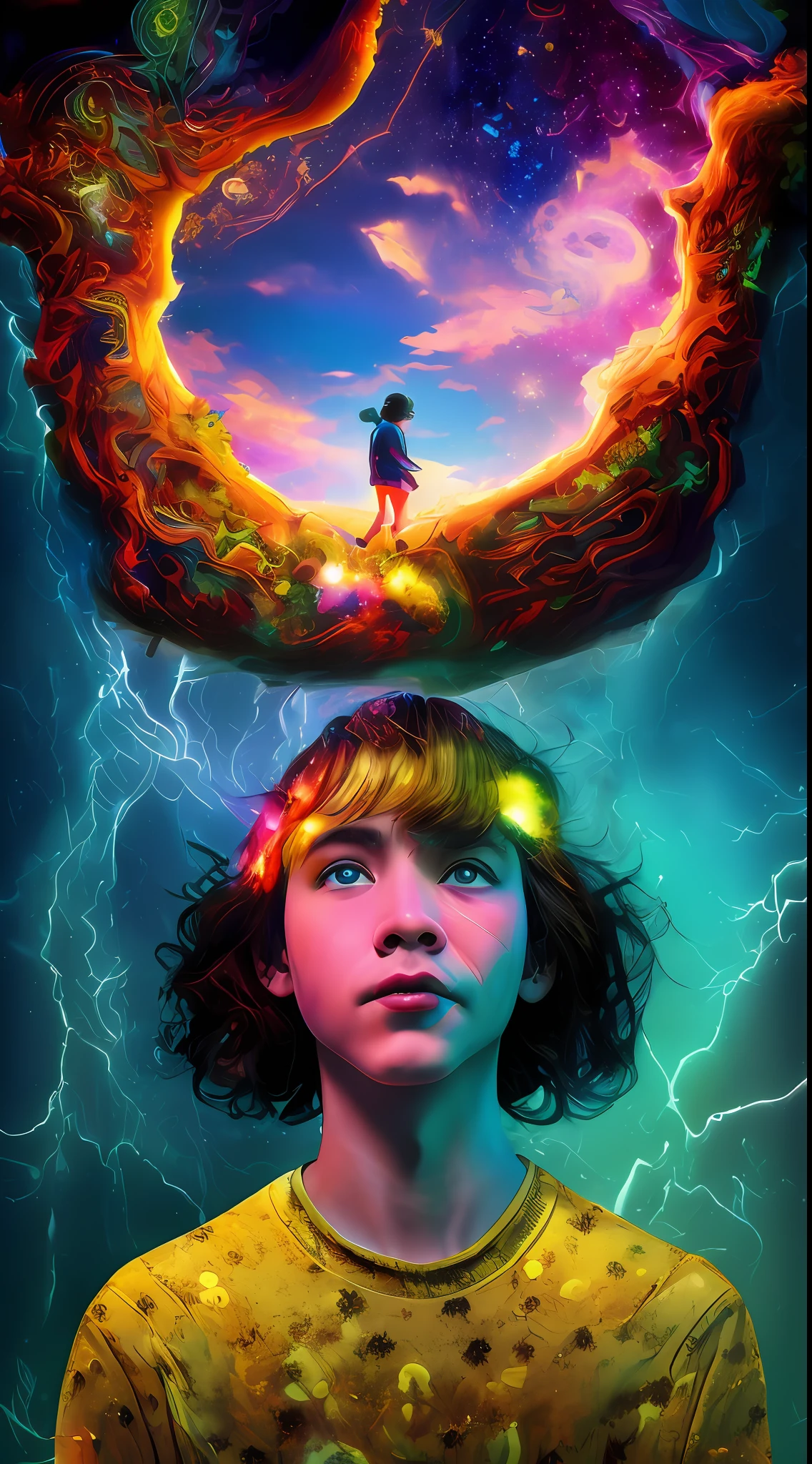 Incredible and spectacular scene, a "((high quality)), (detailed)), ((fantasy)), illustration, perspective (45 degree tilt angle), theme (enchanted forest style), scene elements (handsome boy, beautiful girl), picture quality (3D rendering effect), exquisite details, beautiful lights "emerge from glowing clouds, fractal nebula lines, cosmic entities, celestial bodies, universes, vibrant and vivid, swirling, rotating, impractical, high contrast, co-metabolic, magical, mysterious, mysterious, surreal, Oversaturated, colorful