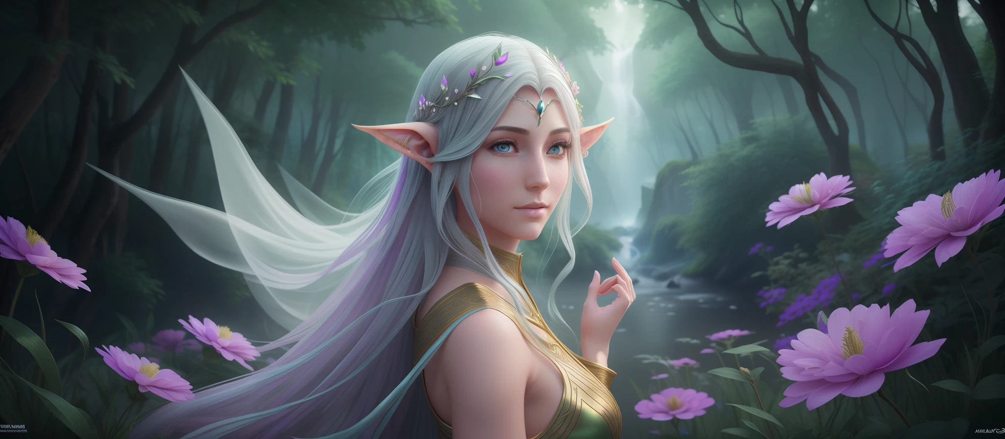 6fantasyworld, Dreamweaver, (flowing elven hair), ethereal floating body, serene gaze, hyper-realistic digital painting (1.3), magical details (1.4), true masterpiece (1.2), enchanted fantasy world, shrouded in ethereal mist, reality fusion technique, immersive 12k canvas (1.5), vibrant and exuberant, high-resolution file, ultra-detailed (1.4), transcendental quality (1.3). --auto --s2