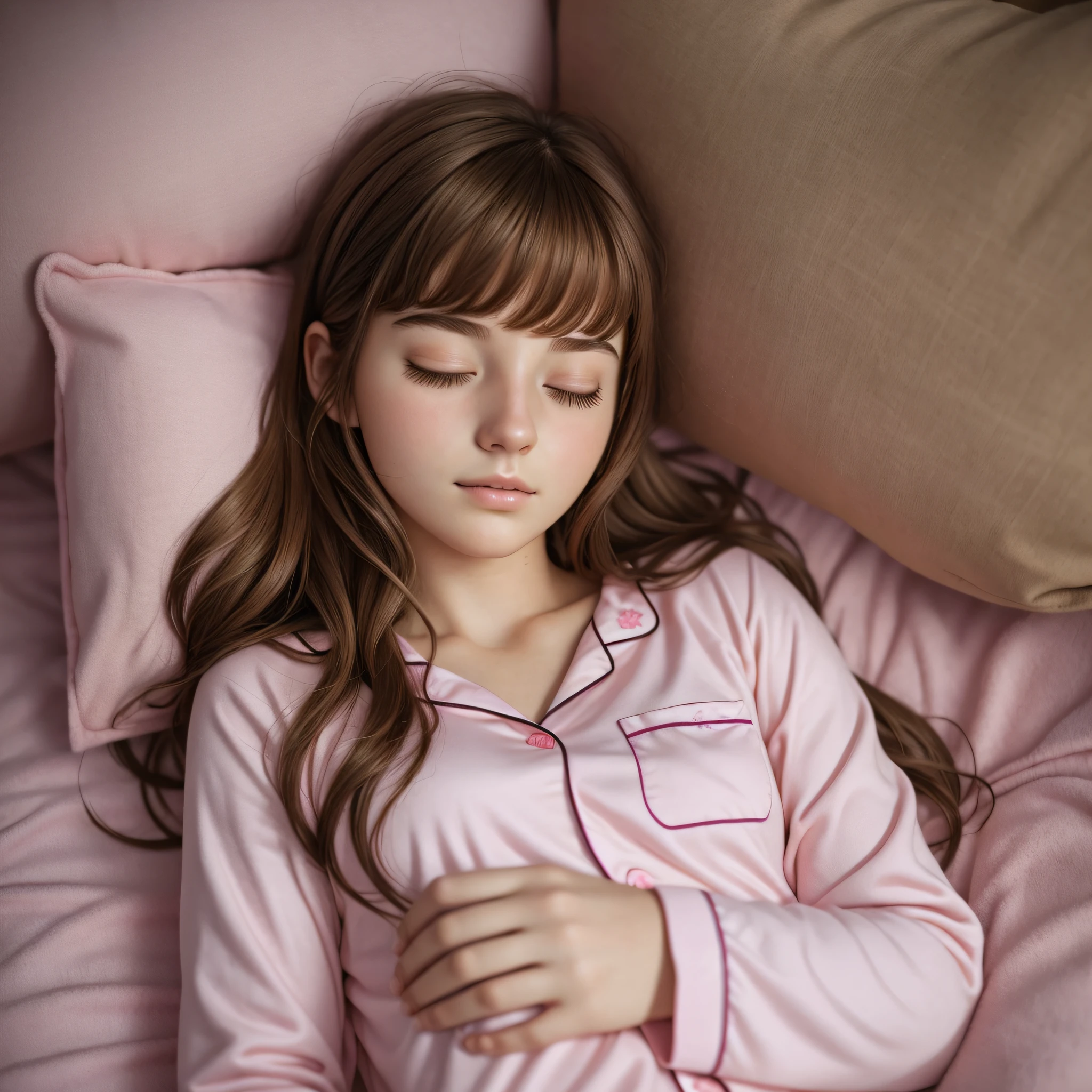 Sleeping girl, 22 years old, realistic, wearing pink pajamas and has brown hair. --auto --s2