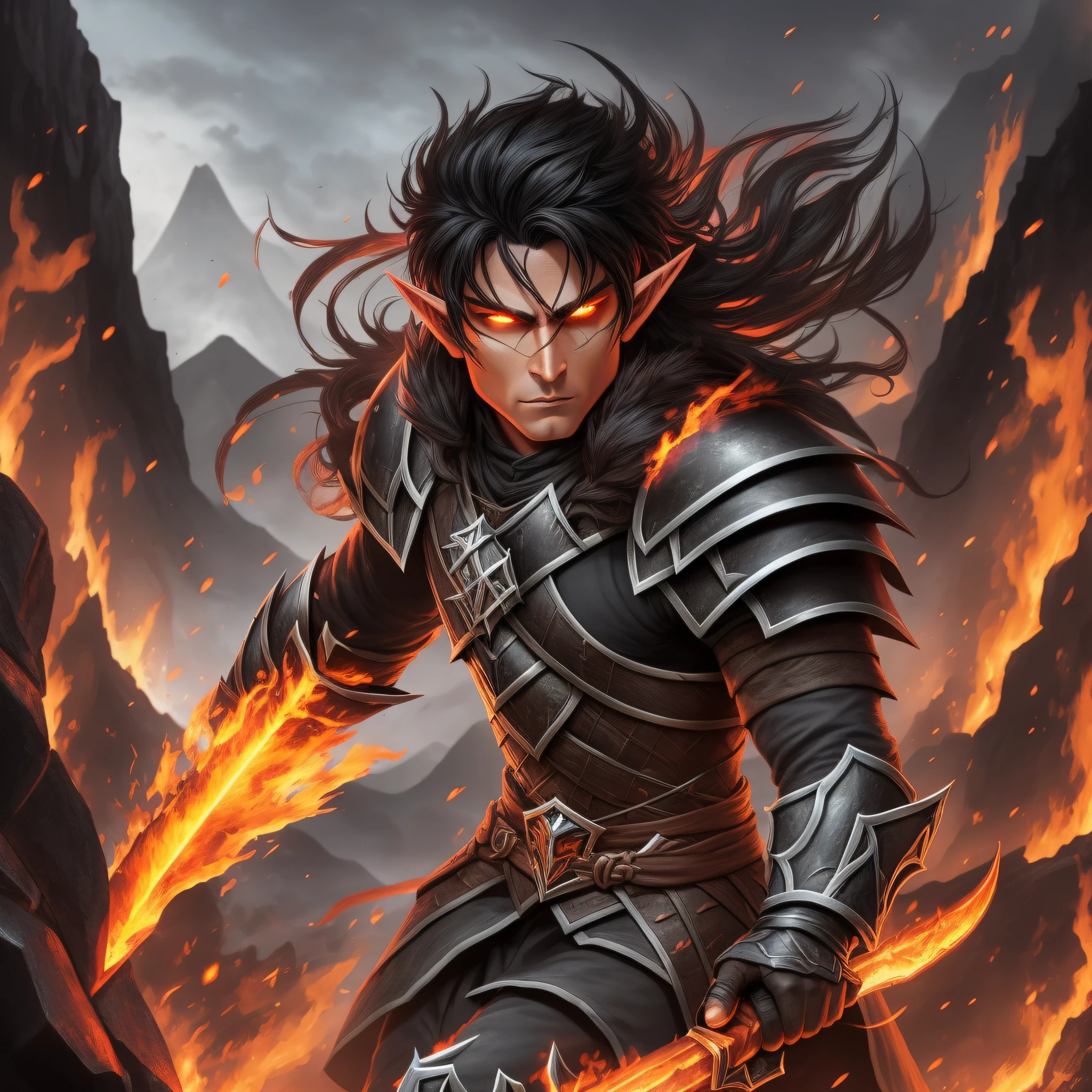 Emberskin is a dark and intimidating elf warrior with a flaming sword and a black shield that protects him from fire. He is immune to fire and controls black fire in battle. He is often seen near an active volcano, where he trains his mastery of black fire.